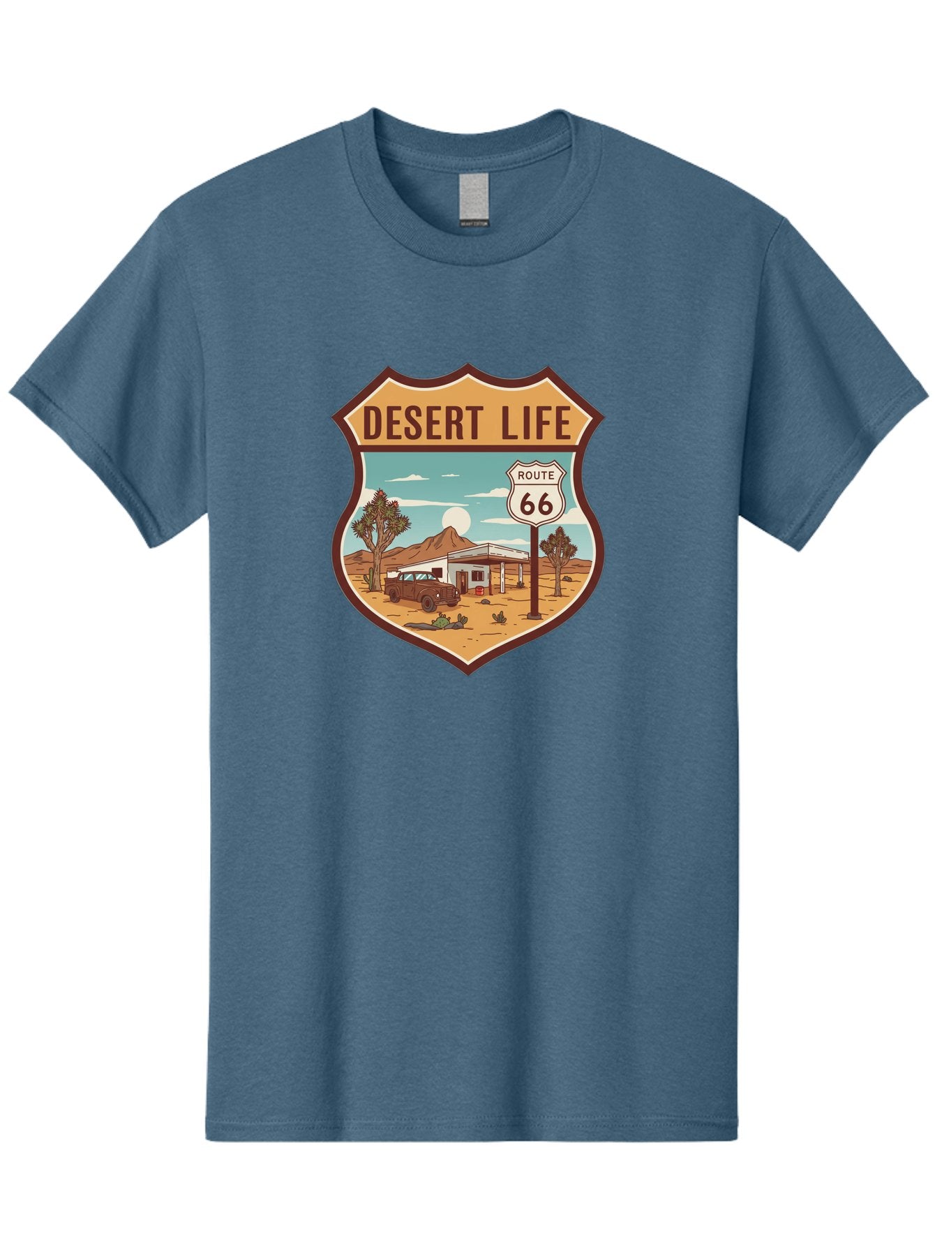 Desert-Life-2 Men'S Graphic Tee, 100% Cotton, Comfortable Casual Summer Wear, Machine Washable, Route 66, Desert Landscape, Vintage Truck, Retro-Style, Road Trip Adventure, Vintage Car, Route 66 Sign, Cacti, Mountains, Open Road, Bac988 14