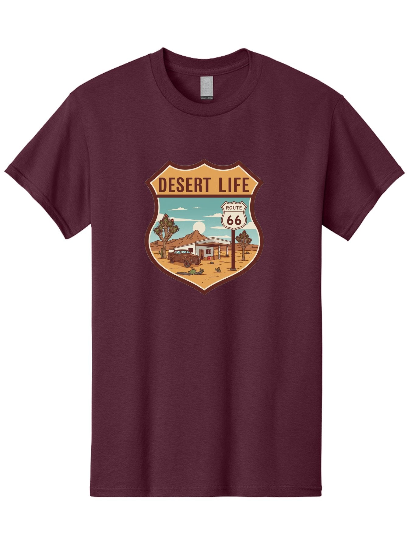 Desert-Life-2 Men'S Graphic Tee, 100% Cotton, Comfortable Casual Summer Wear, Machine Washable, Route 66, Desert Landscape, Vintage Truck, Retro-Style, Road Trip Adventure, Vintage Car, Route 66 Sign, Cacti, Mountains, Open Road, Bac988 3