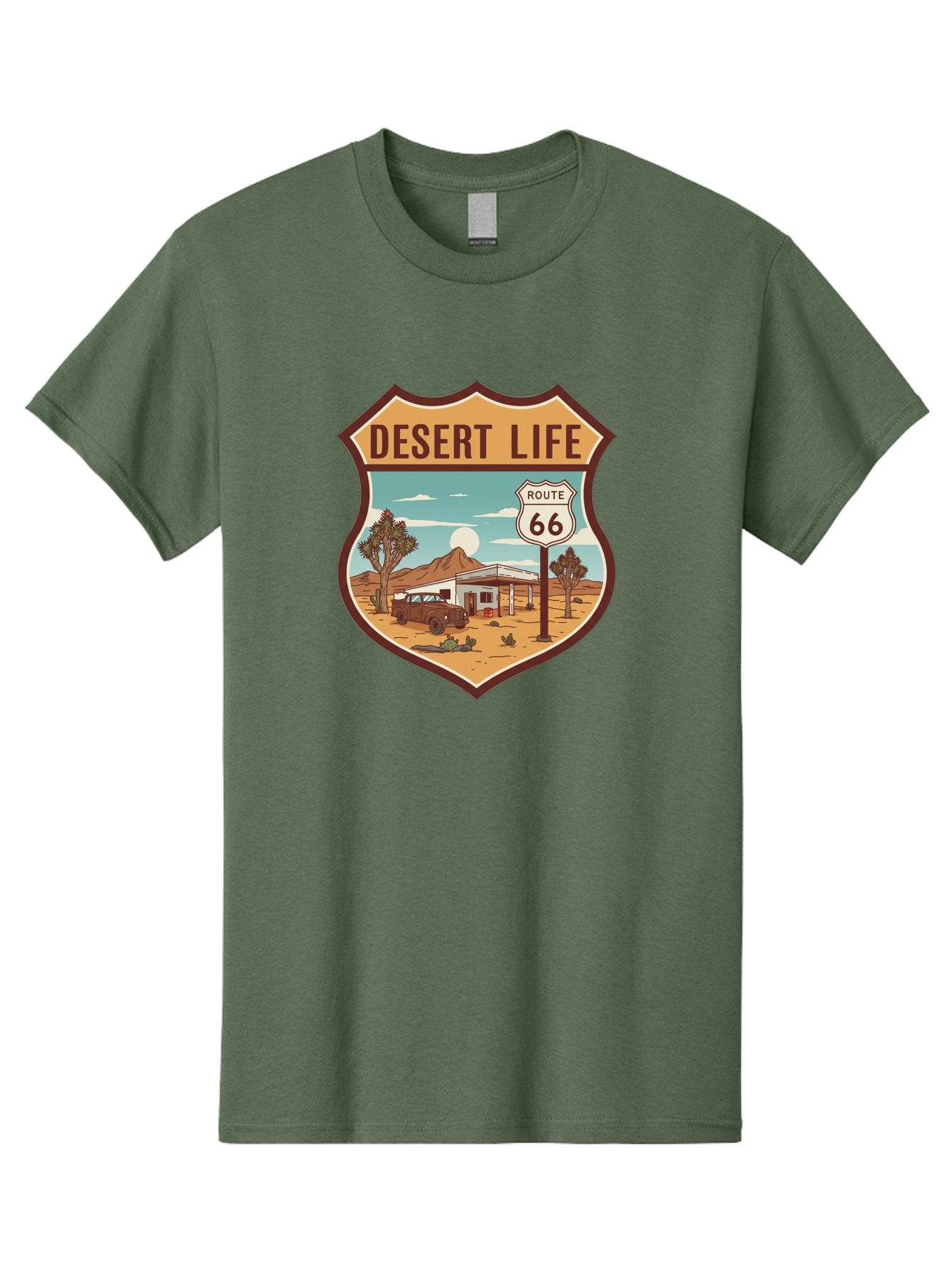 Desert-Life-2 Men'S Graphic Tee, 100% Cotton, Comfortable Casual Summer Wear, Machine Washable, Route 66, Desert Landscape, Vintage Truck, Retro-Style, Road Trip Adventure, Vintage Car, Route 66 Sign, Cacti, Mountains, Open Road, Bac988