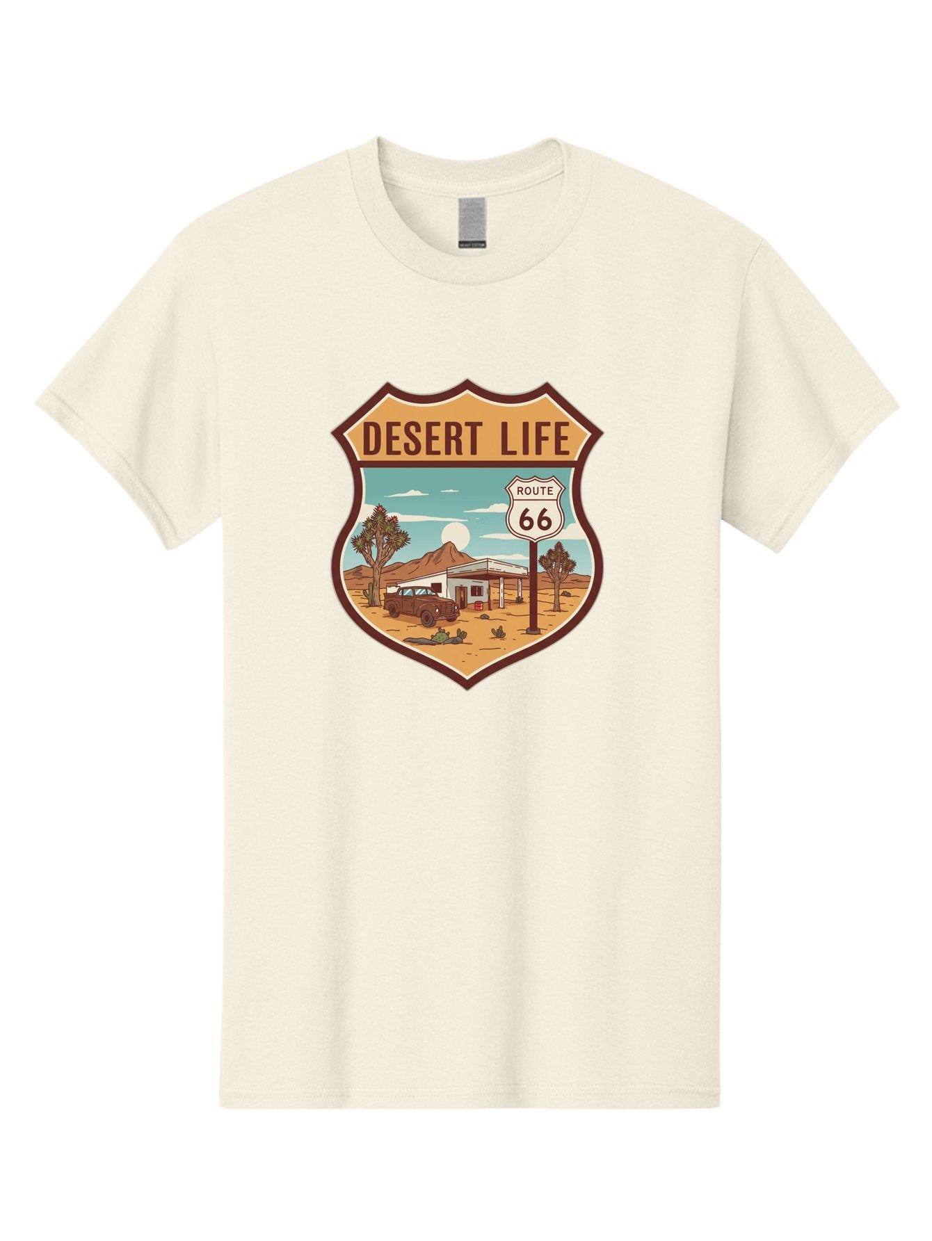 Desert-Life-2 Men'S Graphic Tee, 100% Cotton, Comfortable Casual Summer Wear, Machine Washable, Route 66, Desert Landscape, Vintage Truck, Retro-Style, Road Trip Adventure, Vintage Car, Route 66 Sign, Cacti, Mountains, Open Road, Bac988 5