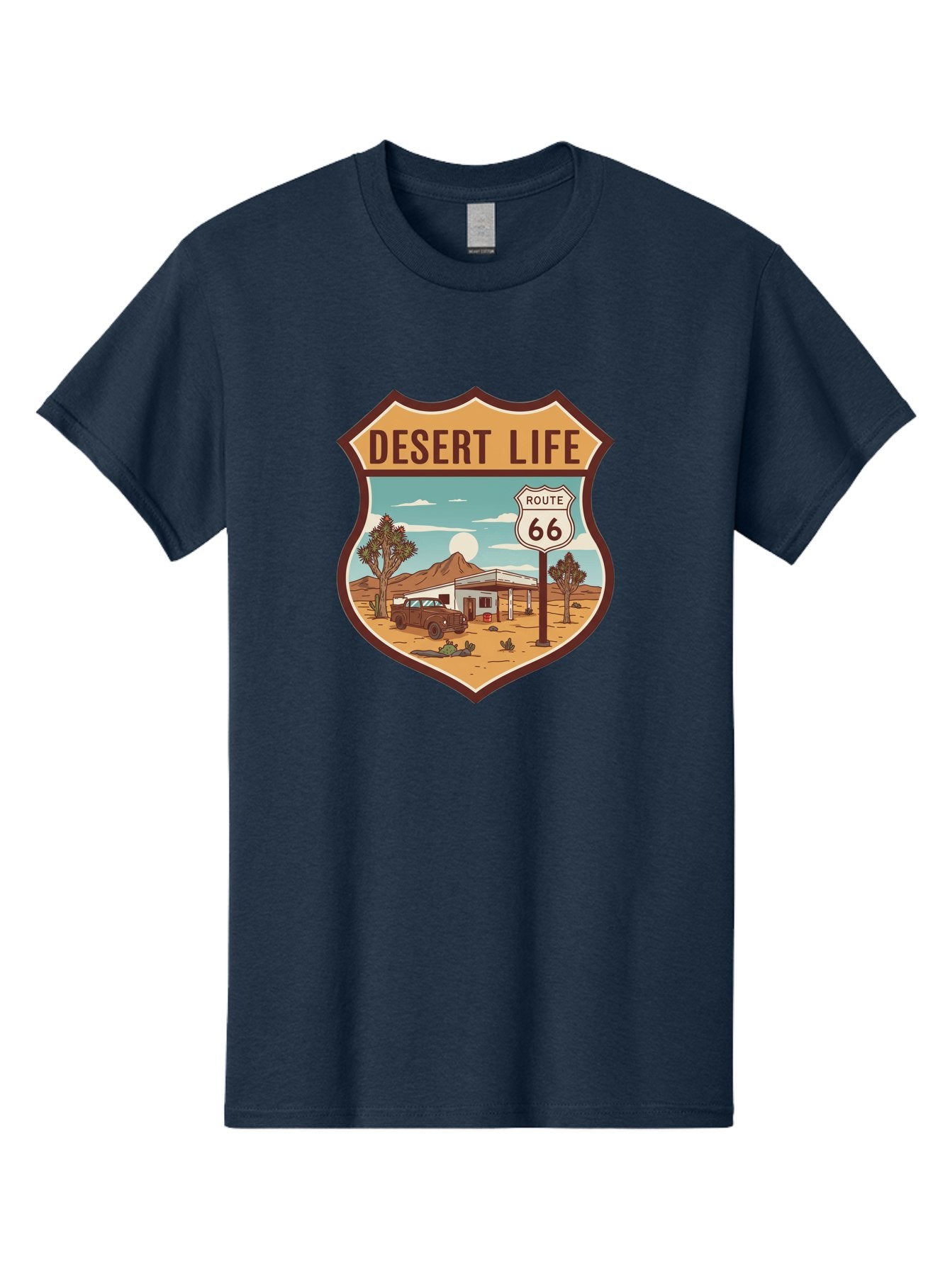 Desert-Life-2 Men'S Graphic Tee, 100% Cotton, Comfortable Casual Summer Wear, Machine Washable, Route 66, Desert Landscape, Vintage Truck, Retro-Style, Road Trip Adventure, Vintage Car, Route 66 Sign, Cacti, Mountains, Open Road, Bac988 9