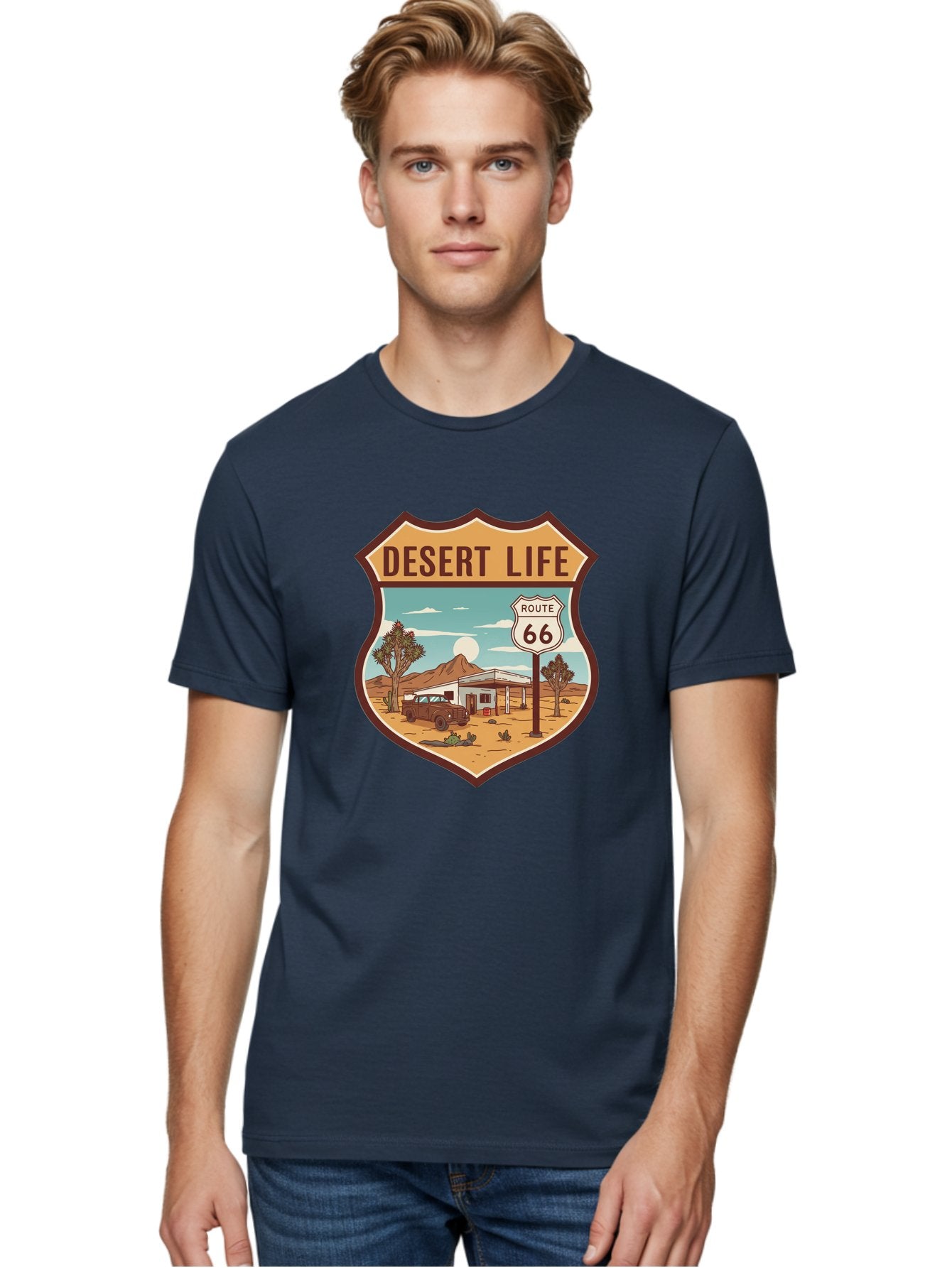 Desert-Life-2 Men'S Graphic Tee, 100% Cotton, Comfortable Casual Summer Wear, Machine Washable, Route 66, Desert Landscape, Vintage Truck, Retro-Style, Road Trip Adventure, Vintage Car, Route 66 Sign, Cacti, Mountains, Open Road, Bac988 26