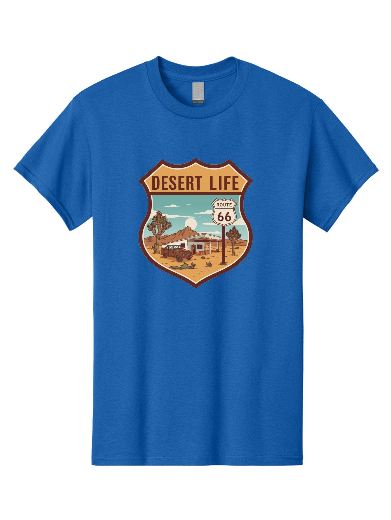 Desert-Life-2 Men'S Graphic Tee, 100% Cotton, Comfortable Casual Summer Wear, Machine Washable, Route 66, Desert Landscape, Vintage Truck, Retro-Style, Road Trip Adventure, Vintage Car, Route 66 Sign, Cacti, Mountains, Open Road, Bac988 10