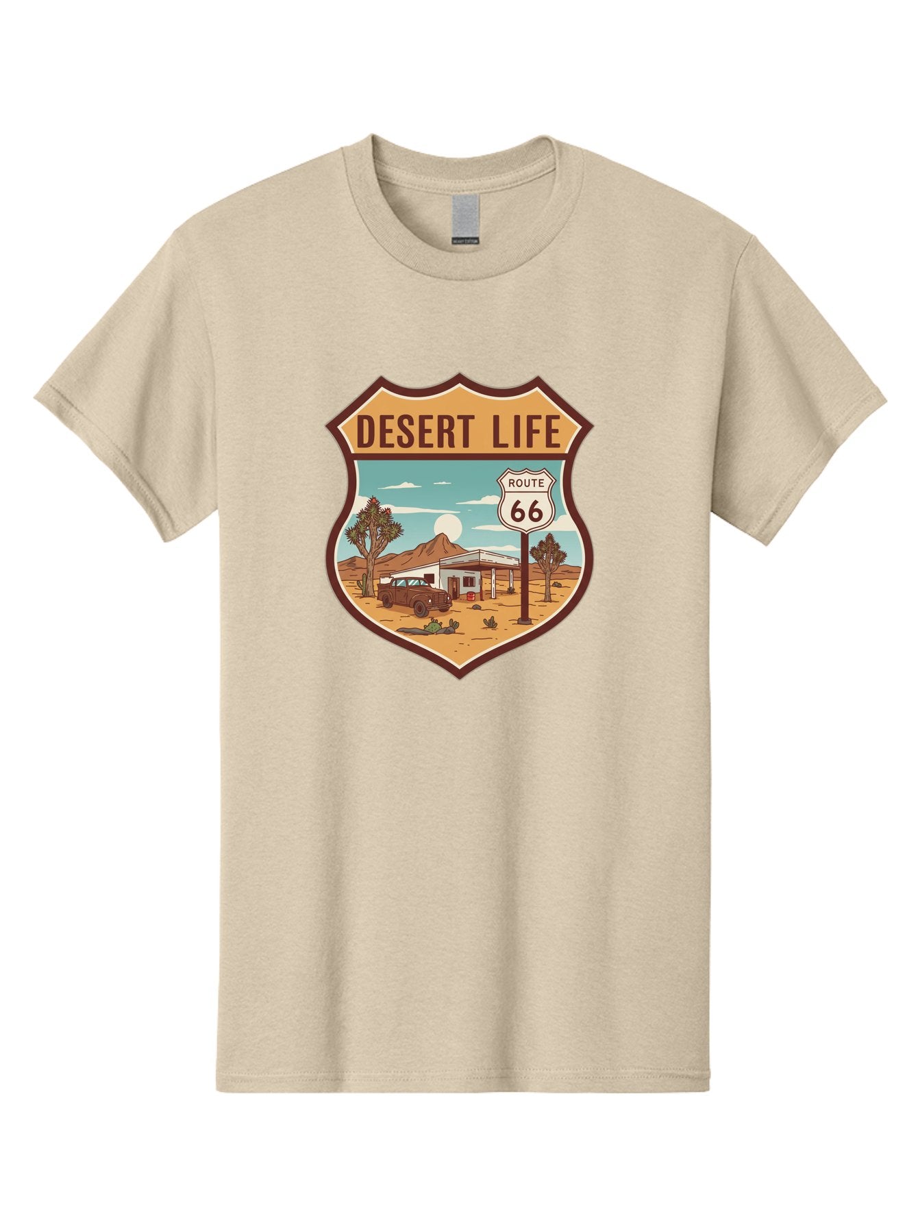 Desert-Life-2 Men'S Graphic Tee, 100% Cotton, Comfortable Casual Summer Wear, Machine Washable, Route 66, Desert Landscape, Vintage Truck, Retro-Style, Road Trip Adventure, Vintage Car, Route 66 Sign, Cacti, Mountains, Open Road, Bac988 8