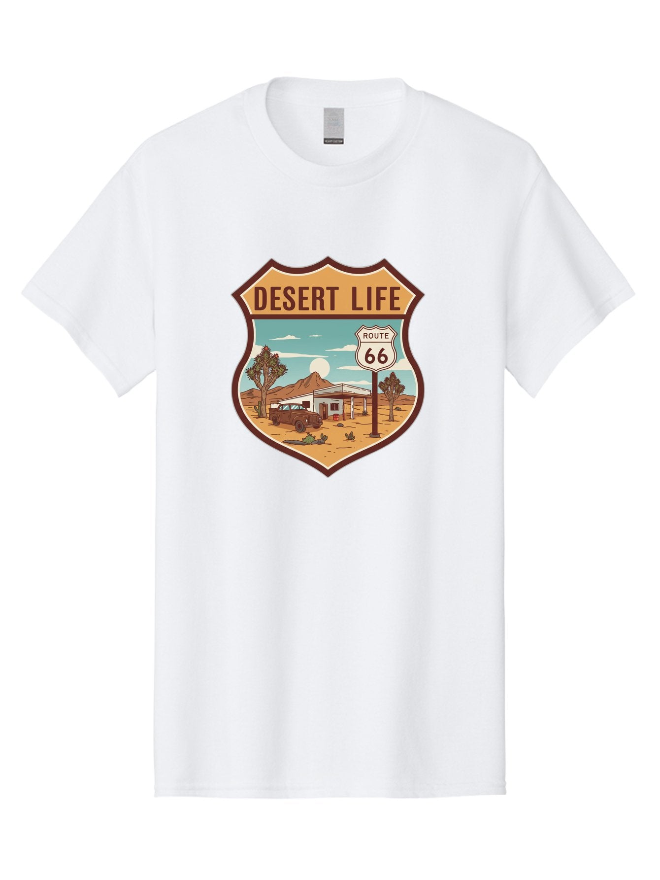 Desert-Life-2 Men'S Graphic Tee, 100% Cotton, Comfortable Casual Summer Wear, Machine Washable, Route 66, Desert Landscape, Vintage Truck, Retro-Style, Road Trip Adventure, Vintage Car, Route 66 Sign, Cacti, Mountains, Open Road, Bac988 7