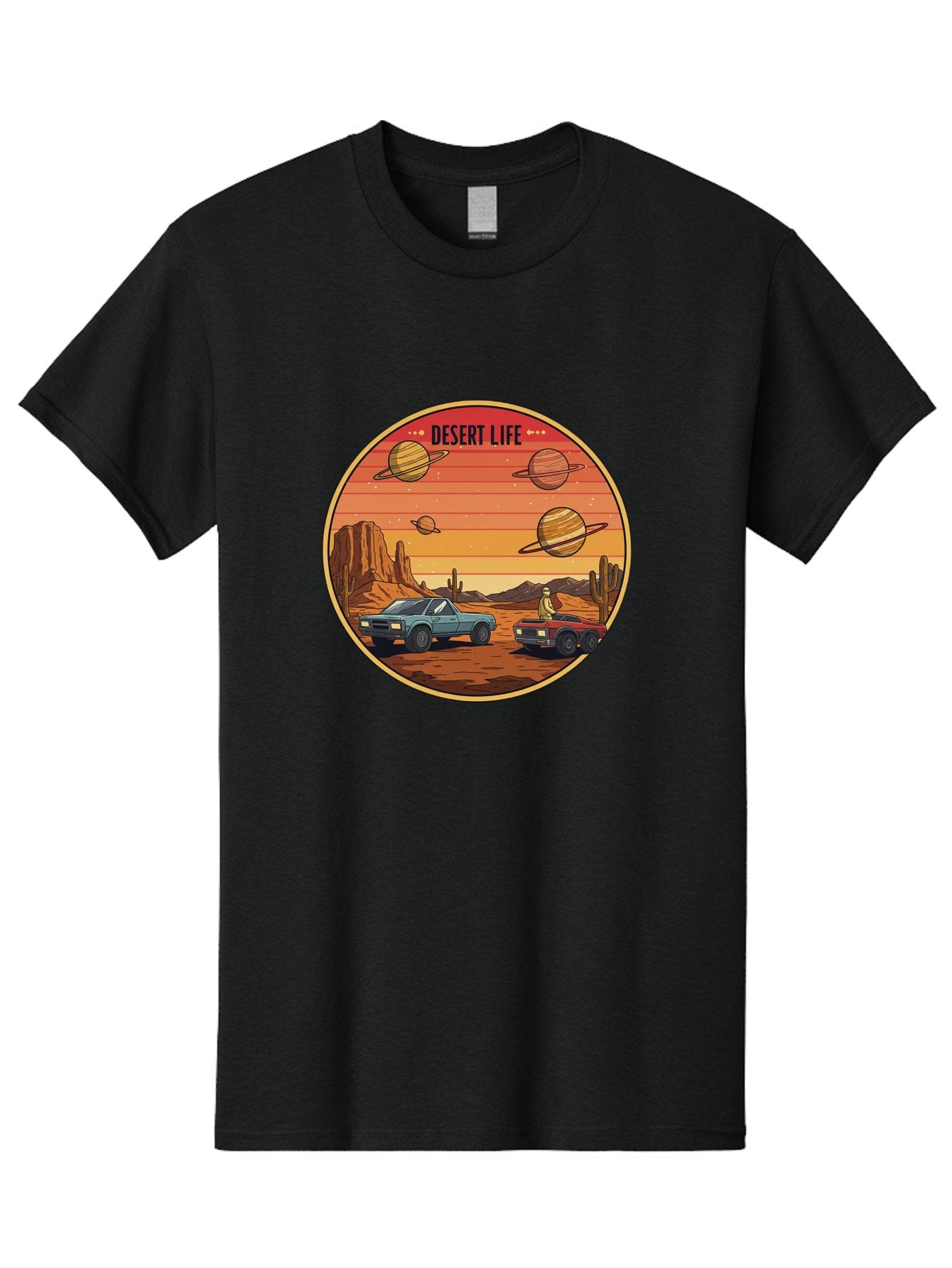 Desert-Life-3 Men'S Graphic Tee, 100% Cotton, Comfortable Casual Summer Wear, Machine Washable, Desert Landscape, Vintage Cars, Futuristic Planets, Rocky Terrain, Orange Sunset, Adventure Scene, Retro-Futuristic, Space Travel, Bac989 14