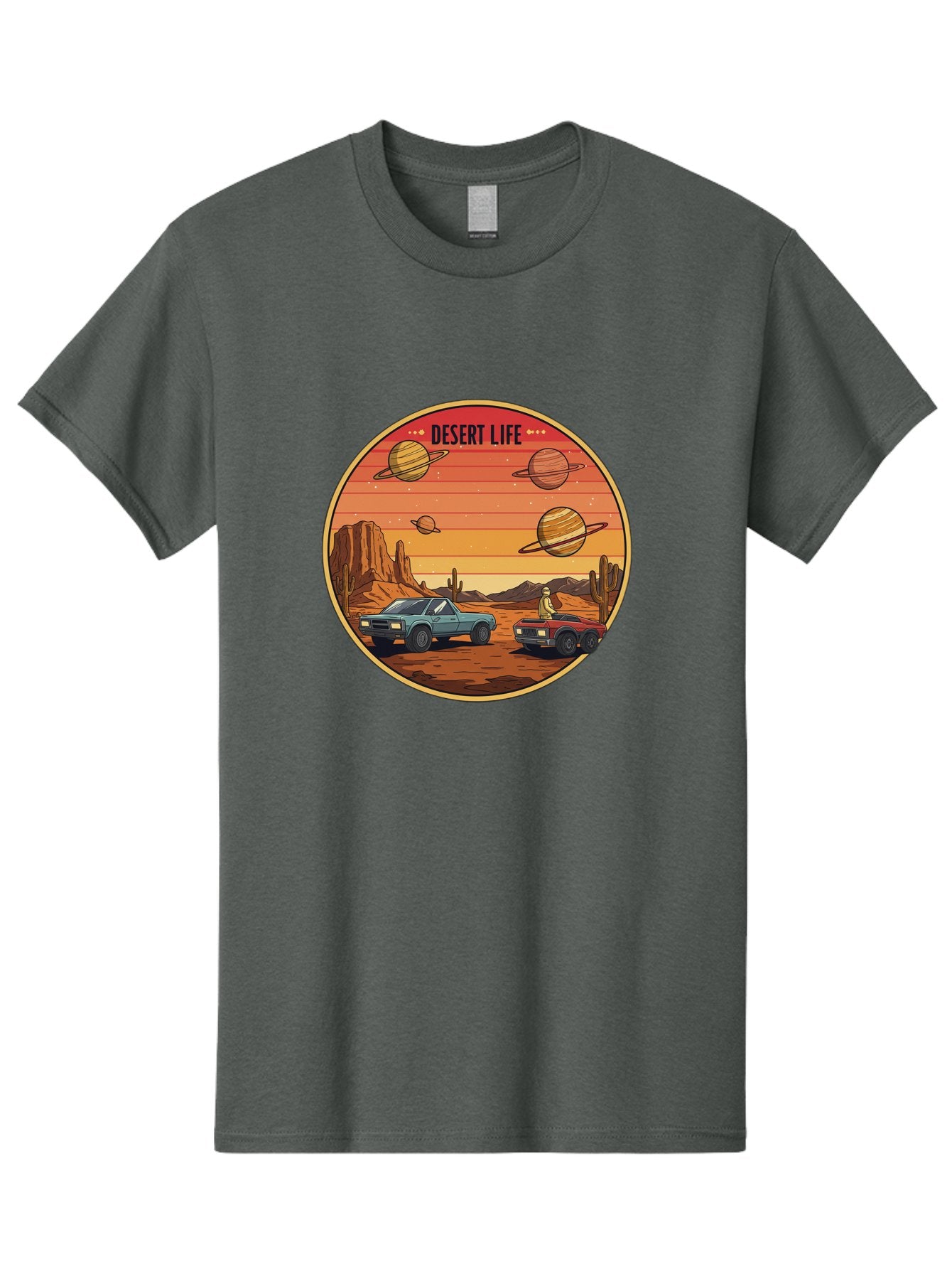 Desert-Life-3 Men'S Graphic Tee, 100% Cotton, Comfortable Casual Summer Wear, Machine Washable, Desert Landscape, Vintage Cars, Futuristic Planets, Rocky Terrain, Orange Sunset, Adventure Scene, Retro-Futuristic, Space Travel, Bac989 15