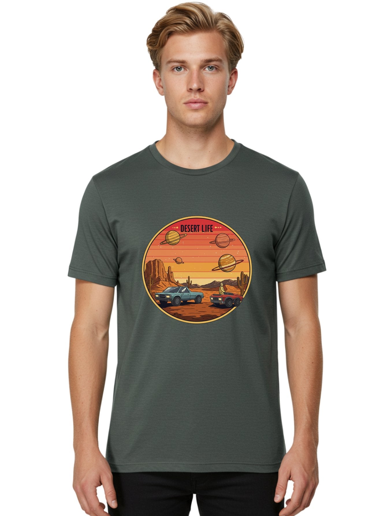 Desert-Life-3 Men'S Graphic Tee, 100% Cotton, Comfortable Casual Summer Wear, Machine Washable, Desert Landscape, Vintage Cars, Futuristic Planets, Rocky Terrain, Orange Sunset, Adventure Scene, Retro-Futuristic, Space Travel, Bac989 30