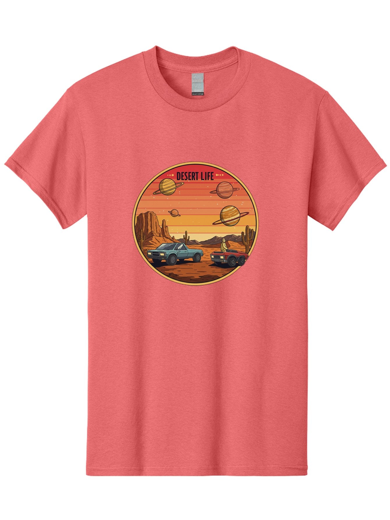 Desert-Life-3 Men'S Graphic Tee, 100% Cotton, Comfortable Casual Summer Wear, Machine Washable, Desert Landscape, Vintage Cars, Futuristic Planets, Rocky Terrain, Orange Sunset, Adventure Scene, Retro-Futuristic, Space Travel, Bac989 4