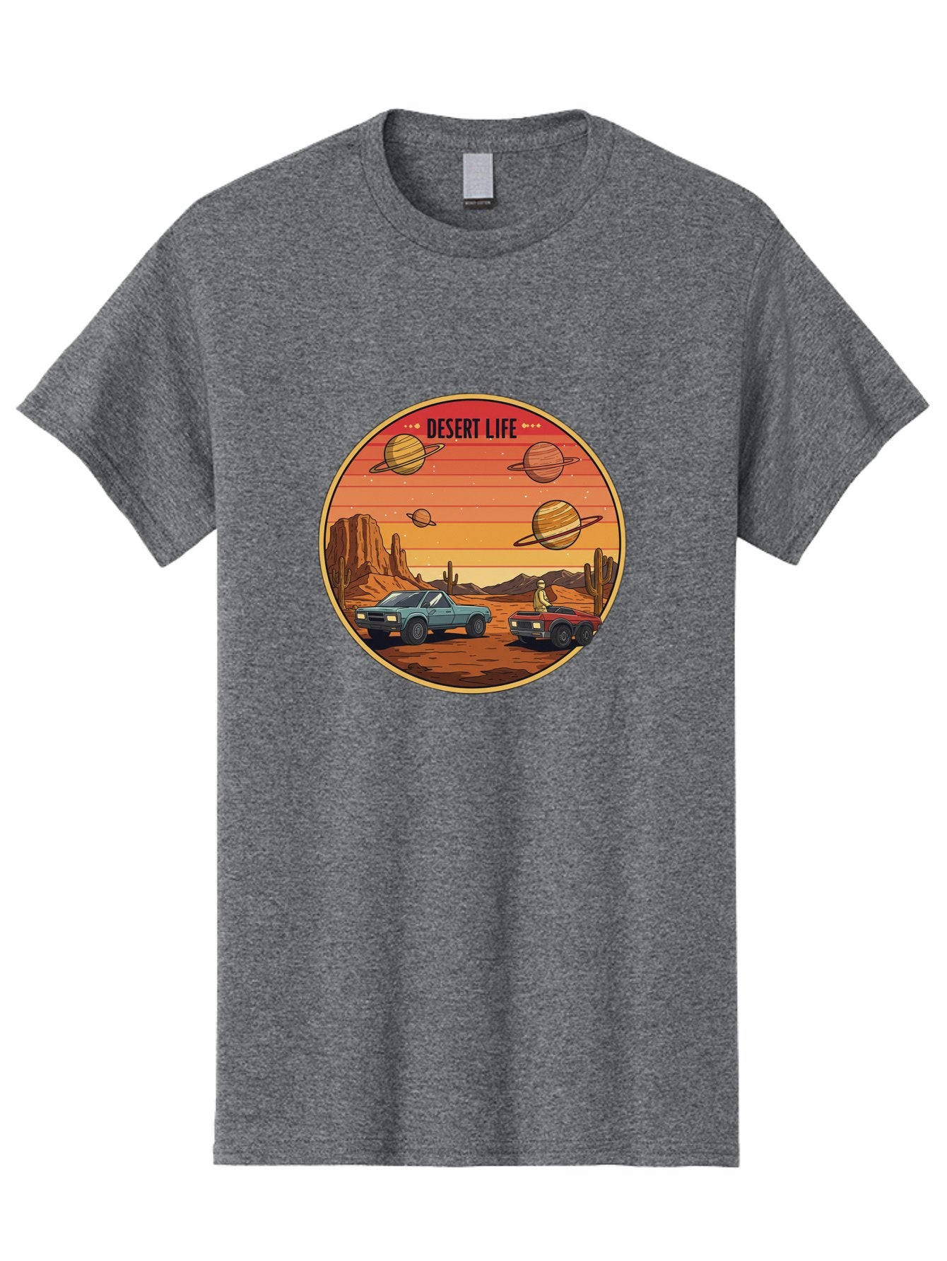 Desert-Life-3 Men'S Graphic Tee, 100% Cotton, Comfortable Casual Summer Wear, Machine Washable, Desert Landscape, Vintage Cars, Futuristic Planets, Rocky Terrain, Orange Sunset, Adventure Scene, Retro-Futuristic, Space Travel, Bac989