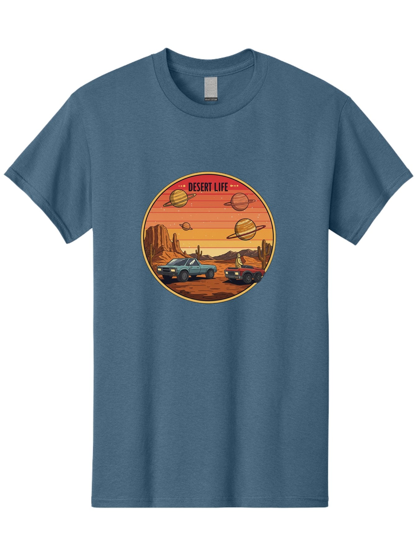Desert-Life-3 Men'S Graphic Tee, 100% Cotton, Comfortable Casual Summer Wear, Machine Washable, Desert Landscape, Vintage Cars, Futuristic Planets, Rocky Terrain, Orange Sunset, Adventure Scene, Retro-Futuristic, Space Travel, Bac989 12