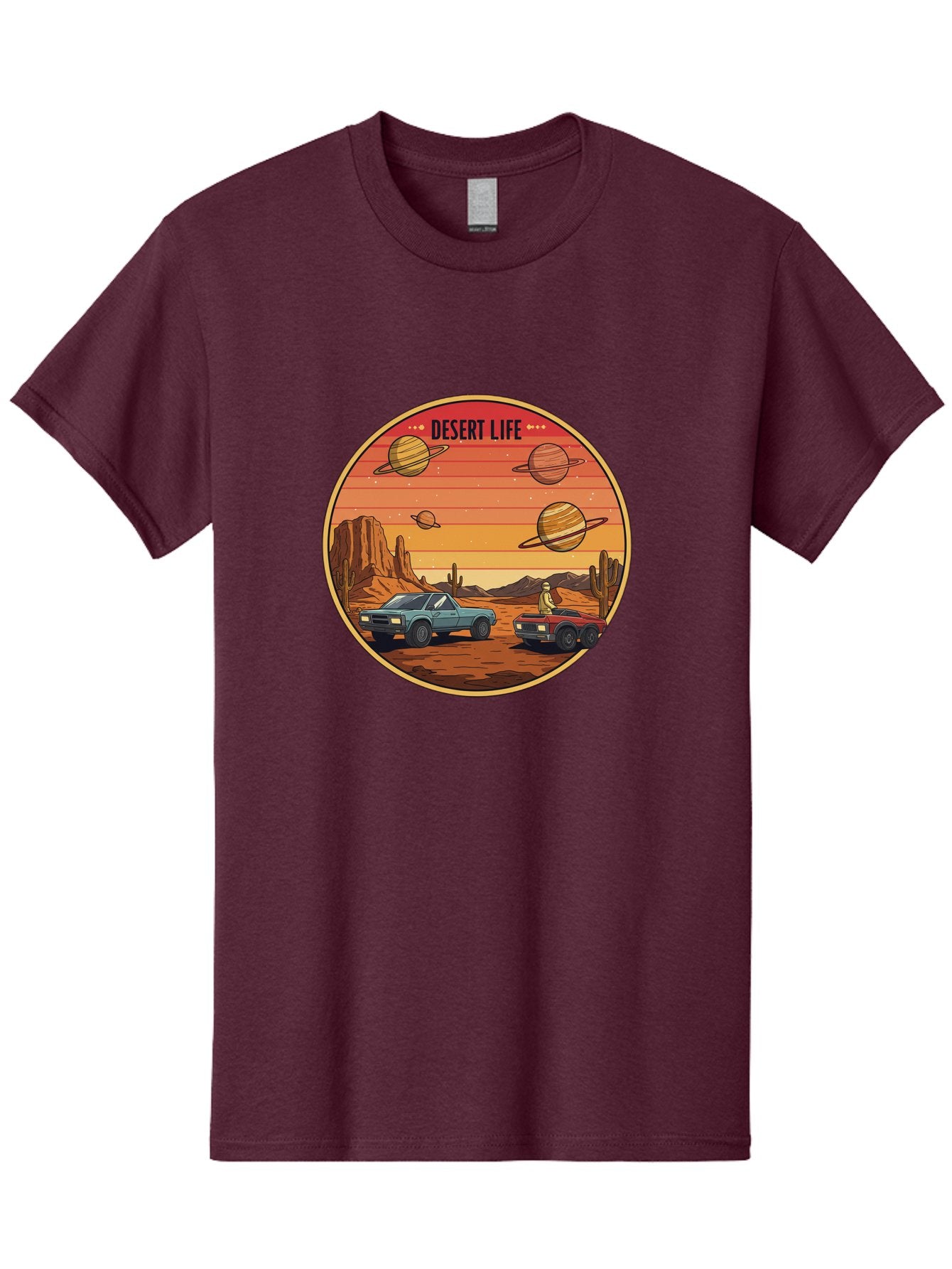 Desert-Life-3 Men'S Graphic Tee, 100% Cotton, Comfortable Casual Summer Wear, Machine Washable, Desert Landscape, Vintage Cars, Futuristic Planets, Rocky Terrain, Orange Sunset, Adventure Scene, Retro-Futuristic, Space Travel, Bac989 6