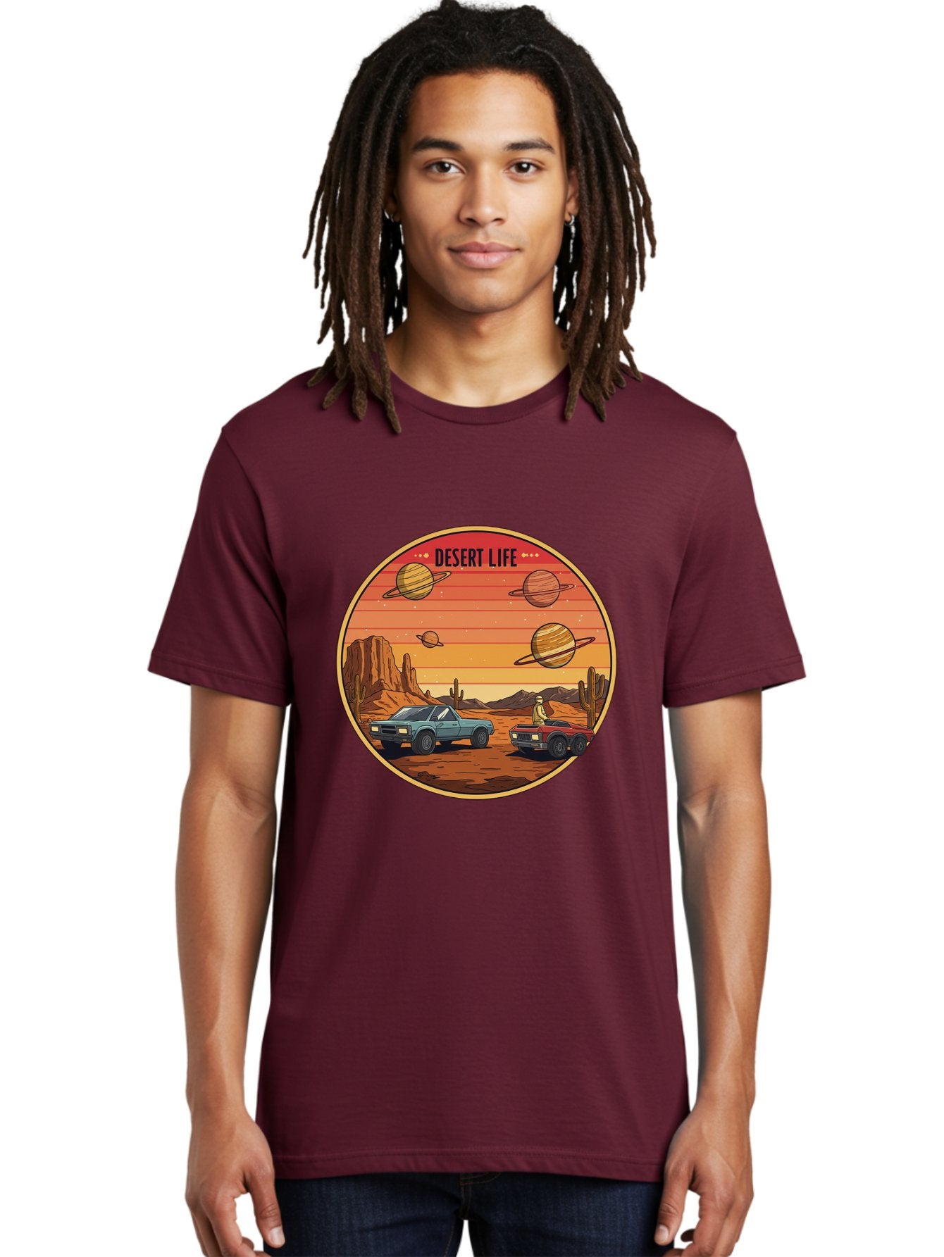 Desert-Life-3 Men'S Graphic Tee, 100% Cotton, Comfortable Casual Summer Wear, Machine Washable, Desert Landscape, Vintage Cars, Futuristic Planets, Rocky Terrain, Orange Sunset, Adventure Scene, Retro-Futuristic, Space Travel, Bac989 24