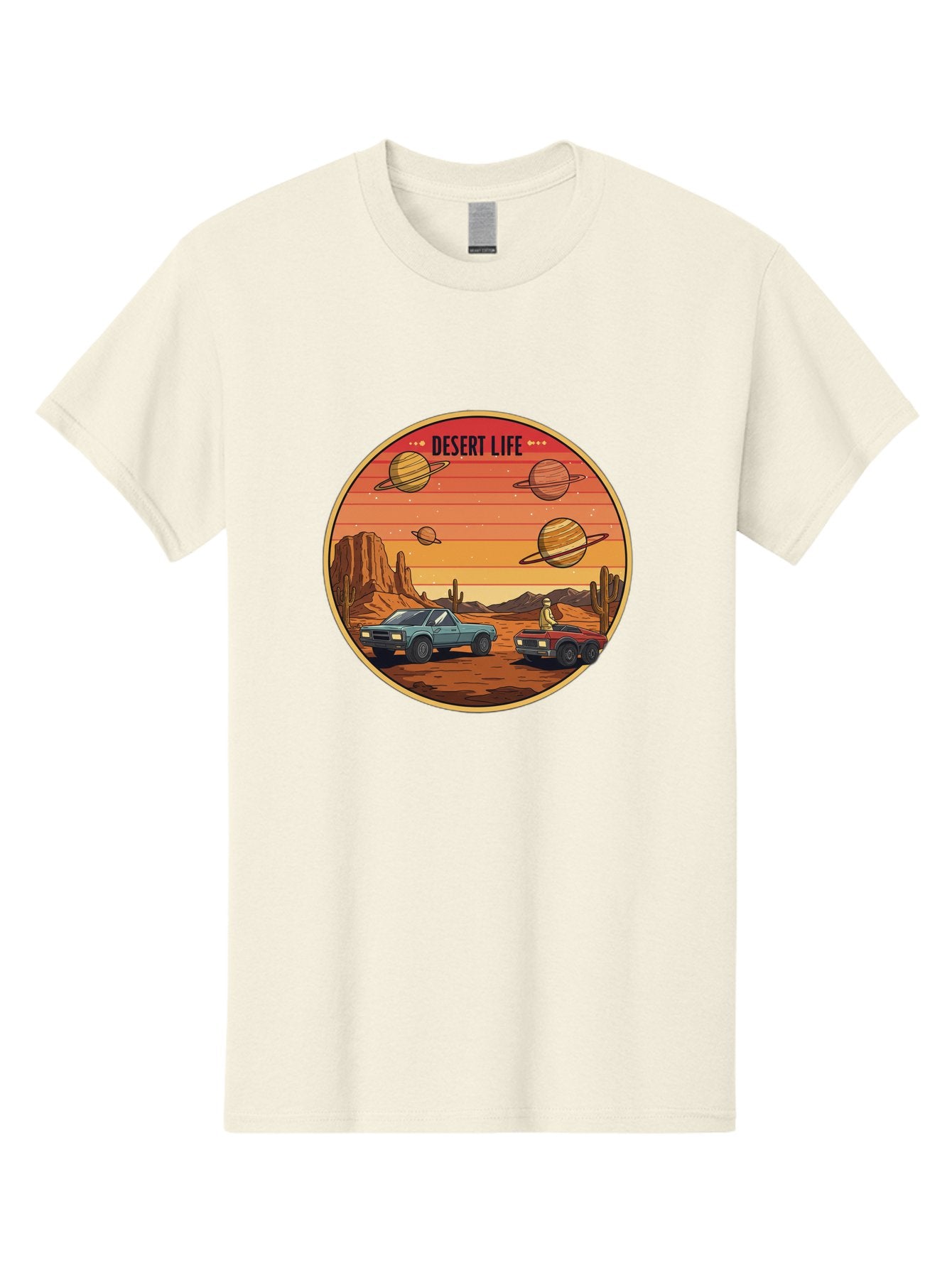 Desert-Life-3 Men'S Graphic Tee, 100% Cotton, Comfortable Casual Summer Wear, Machine Washable, Desert Landscape, Vintage Cars, Futuristic Planets, Rocky Terrain, Orange Sunset, Adventure Scene, Retro-Futuristic, Space Travel, Bac989 10