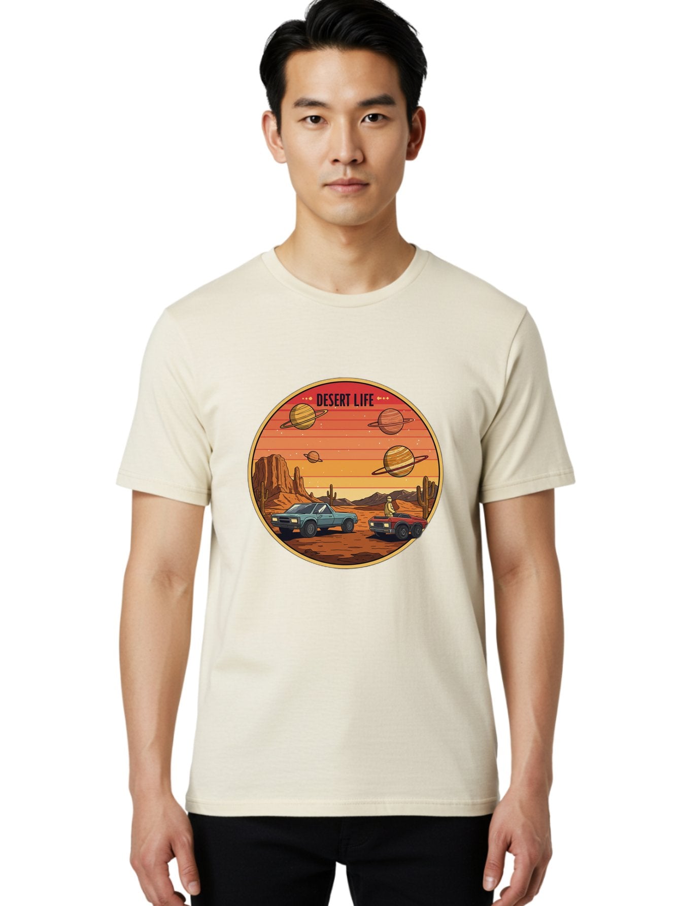Desert-Life-3 Men'S Graphic Tee, 100% Cotton, Comfortable Casual Summer Wear, Machine Washable, Desert Landscape, Vintage Cars, Futuristic Planets, Rocky Terrain, Orange Sunset, Adventure Scene, Retro-Futuristic, Space Travel, Bac989 17