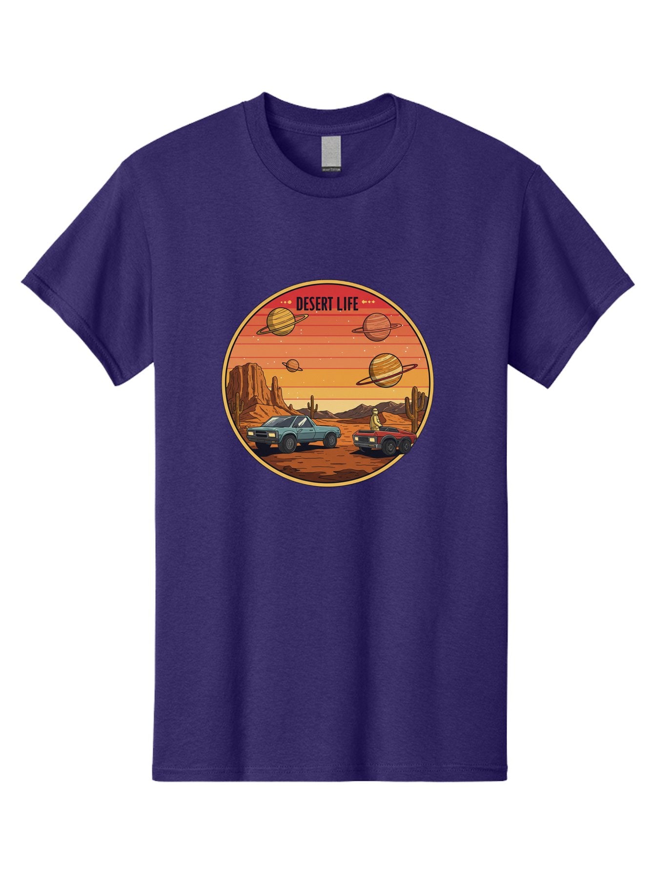 Desert-Life-3 Men'S Graphic Tee, 100% Cotton, Comfortable Casual Summer Wear, Machine Washable, Desert Landscape, Vintage Cars, Futuristic Planets, Rocky Terrain, Orange Sunset, Adventure Scene, Retro-Futuristic, Space Travel, Bac989 9