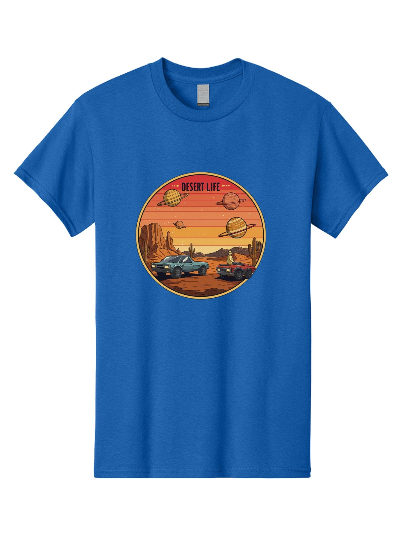 Desert-Life-3 Men'S Graphic Tee, 100% Cotton, Comfortable Casual Summer Wear, Machine Washable, Desert Landscape, Vintage Cars, Futuristic Planets, Rocky Terrain, Orange Sunset, Adventure Scene, Retro-Futuristic, Space Travel, Bac989 7