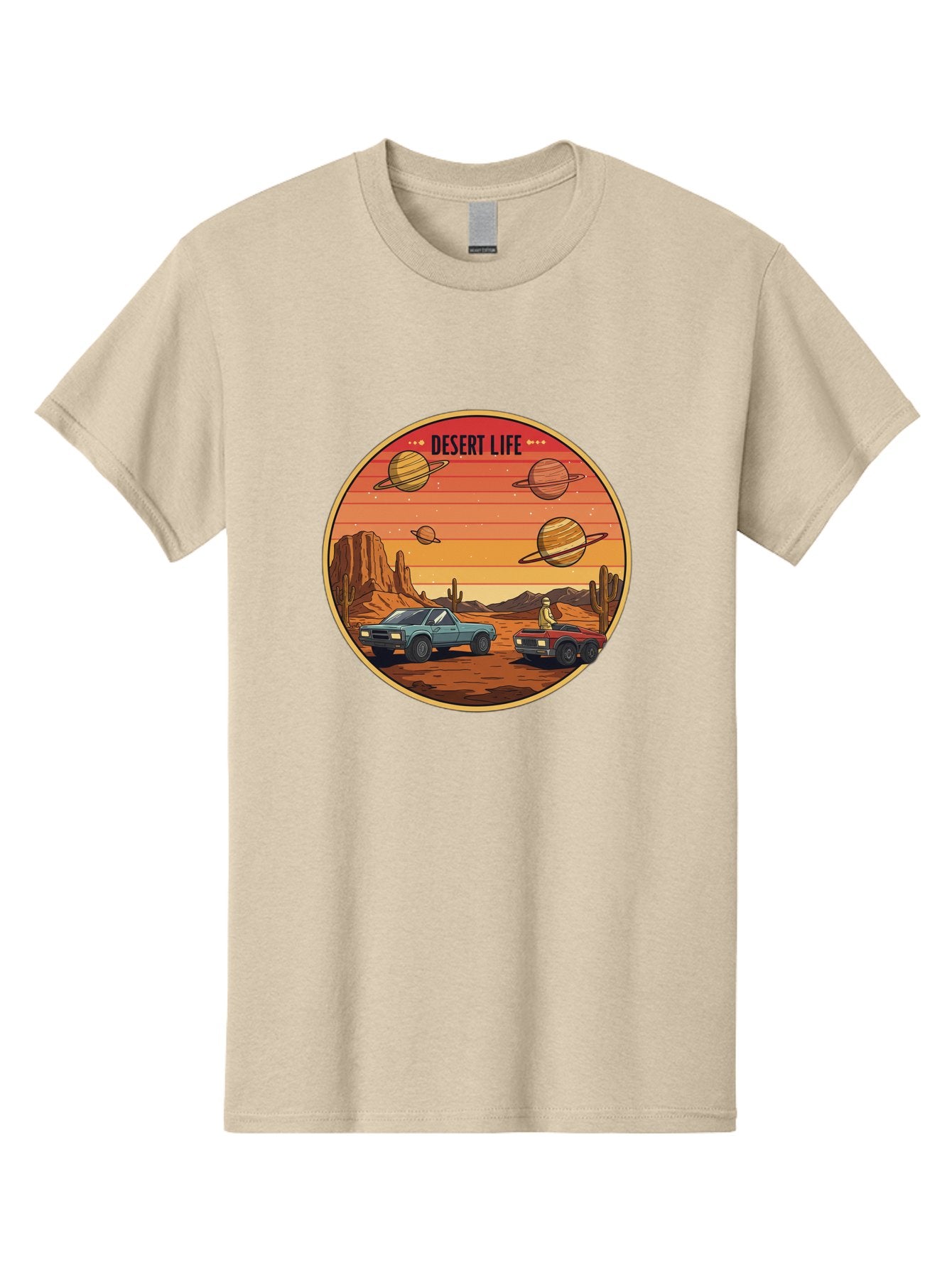 Desert-Life-3 Men'S Graphic Tee, 100% Cotton, Comfortable Casual Summer Wear, Machine Washable, Desert Landscape, Vintage Cars, Futuristic Planets, Rocky Terrain, Orange Sunset, Adventure Scene, Retro-Futuristic, Space Travel, Bac989