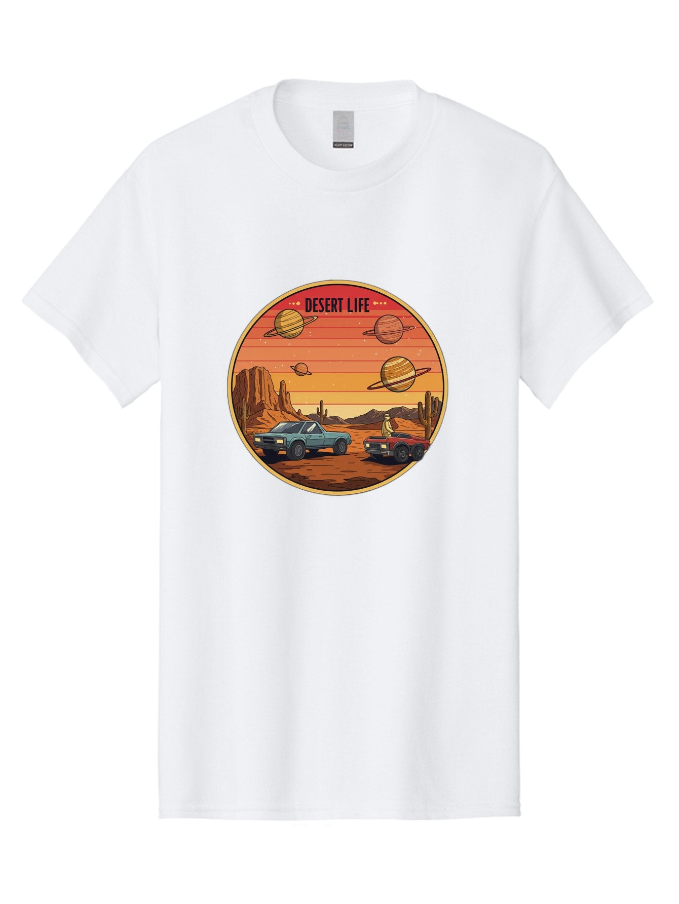 Desert-Life-3 Men'S Graphic Tee, 100% Cotton, Comfortable Casual Summer Wear, Machine Washable, Desert Landscape, Vintage Cars, Futuristic Planets, Rocky Terrain, Orange Sunset, Adventure Scene, Retro-Futuristic, Space Travel, Bac989 8