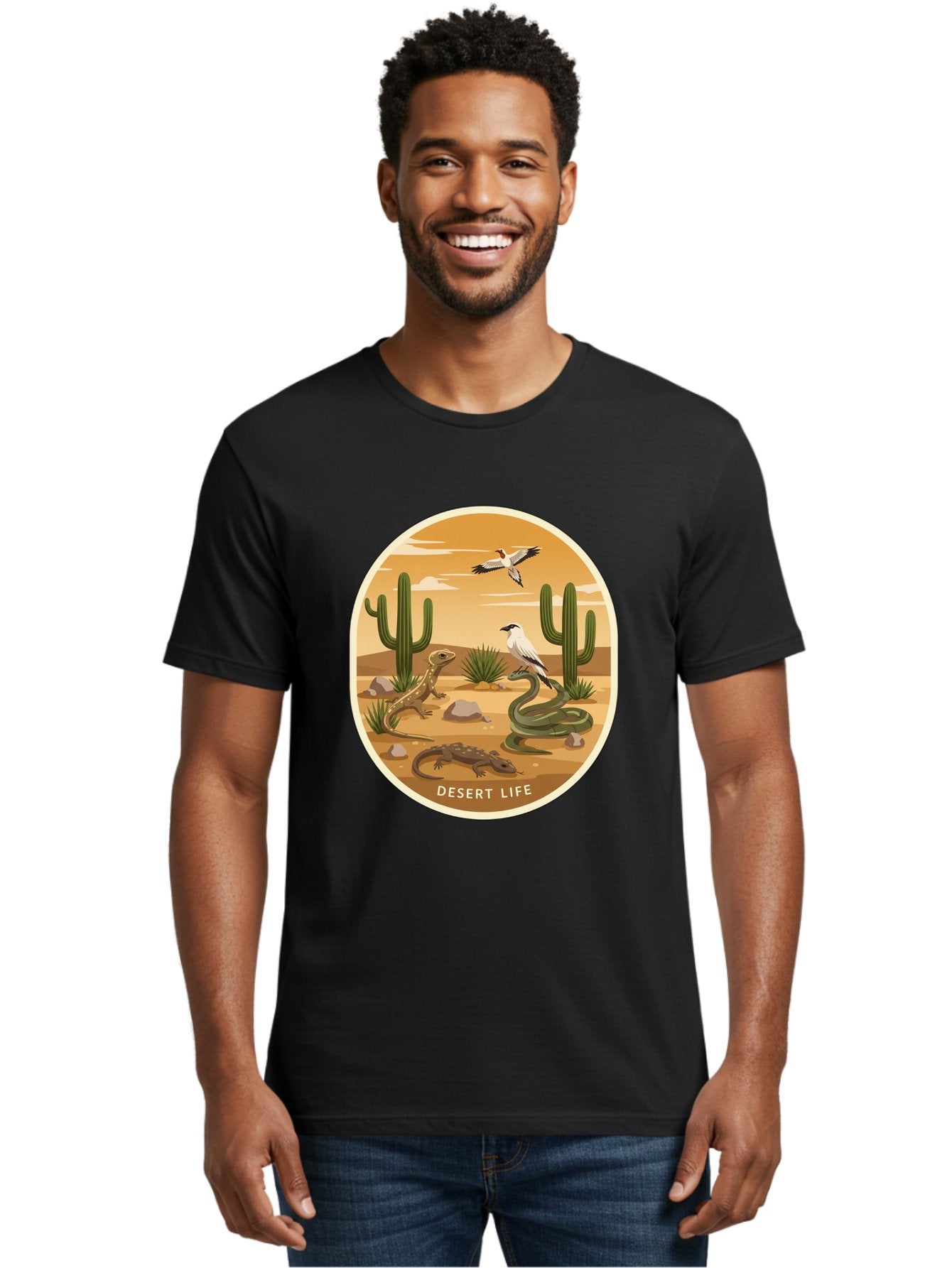 Desert-Life-4 Men'S Graphic Tee, 100% Cotton, Comfortable Casual Summer Wear, Machine Washable, Desert Wildlife, Cacti, Lizards, Snakes, Birds, Desert Scenery, Wildlife Habitat, Arid Landscape, Nature Illustration, Outdoor Wildlife, Bac990 20