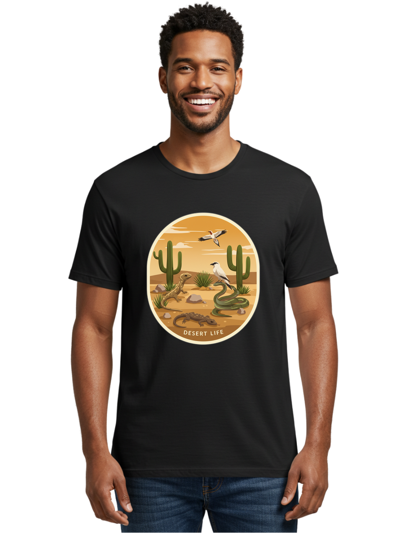 Desert-Life-4 Men'S Graphic Tee, 100% Cotton, Comfortable Casual Summer Wear, Machine Washable, Desert Wildlife, Cacti, Lizards, Snakes, Birds, Desert Scenery, Wildlife Habitat, Arid Landscape, Nature Illustration, Outdoor Wildlife, Bac990 30