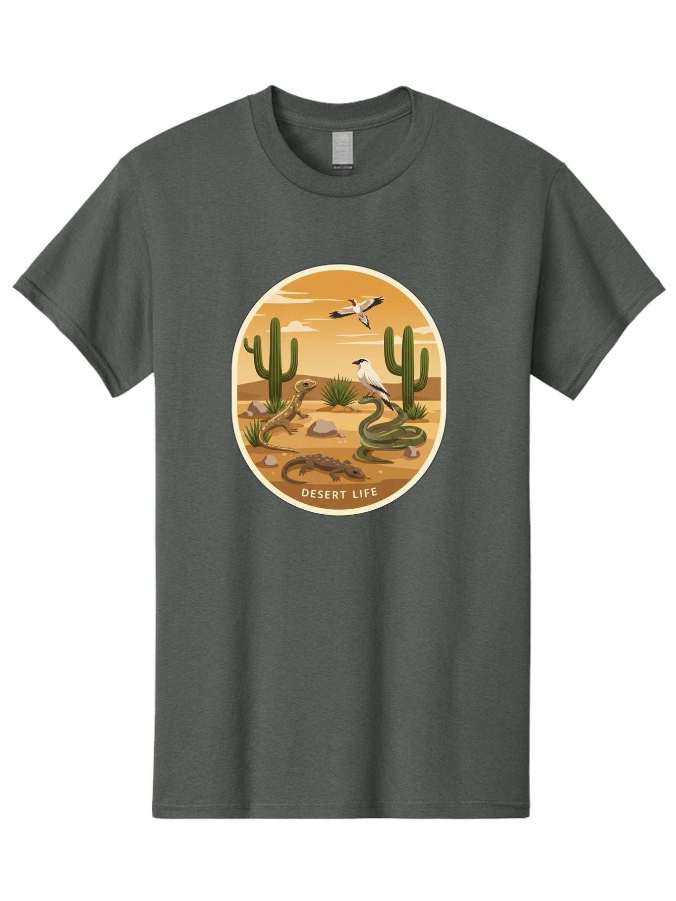 Desert-Life-4 Men'S Graphic Tee, 100% Cotton, Comfortable Casual Summer Wear, Machine Washable, Desert Wildlife, Cacti, Lizards, Snakes, Birds, Desert Scenery, Wildlife Habitat, Arid Landscape, Nature Illustration, Outdoor Wildlife, Bac990