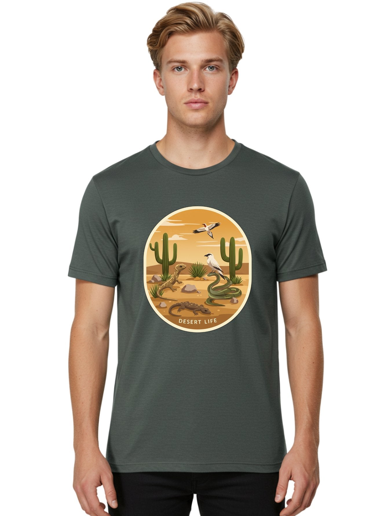 Desert-Life-4 Men'S Graphic Tee, 100% Cotton, Comfortable Casual Summer Wear, Machine Washable, Desert Wildlife, Cacti, Lizards, Snakes, Birds, Desert Scenery, Wildlife Habitat, Arid Landscape, Nature Illustration, Outdoor Wildlife, Bac990 21