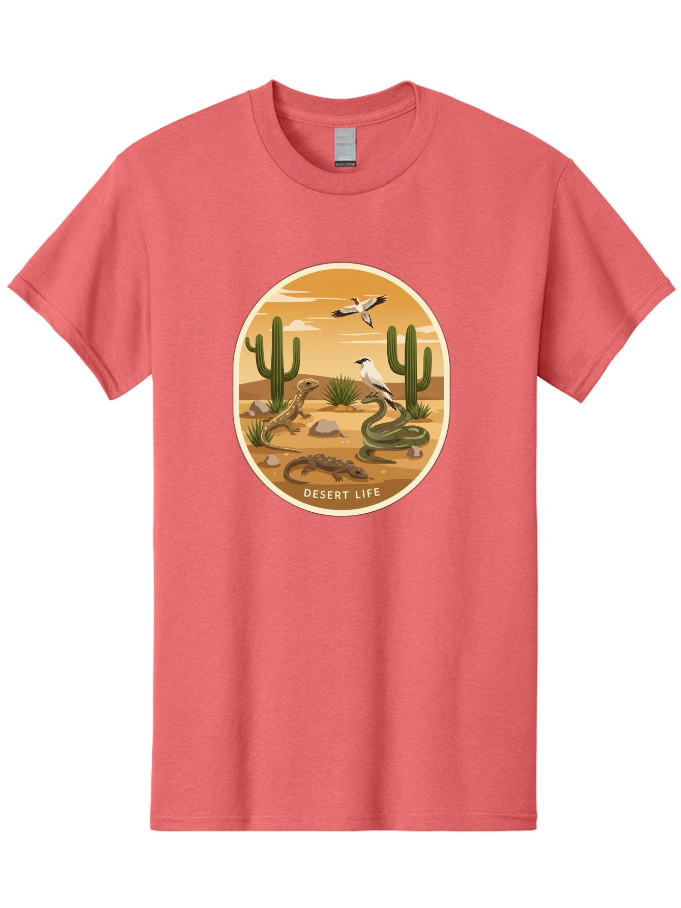 Desert-Life-4 Men'S Graphic Tee, 100% Cotton, Comfortable Casual Summer Wear, Machine Washable, Desert Wildlife, Cacti, Lizards, Snakes, Birds, Desert Scenery, Wildlife Habitat, Arid Landscape, Nature Illustration, Outdoor Wildlife, Bac990 5