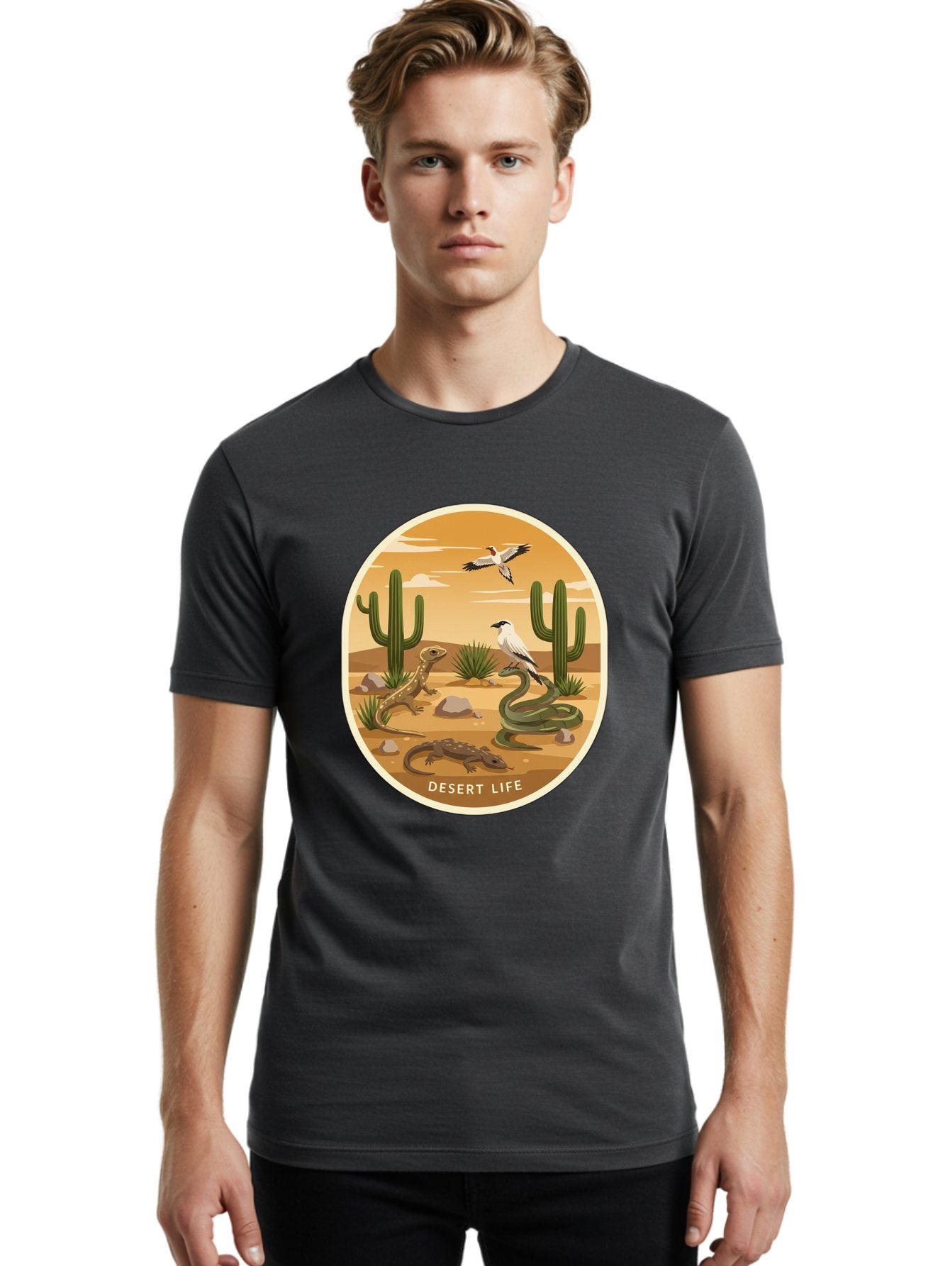 Desert-Life-4 Men'S Graphic Tee, 100% Cotton, Comfortable Casual Summer Wear, Machine Washable, Desert Wildlife, Cacti, Lizards, Snakes, Birds, Desert Scenery, Wildlife Habitat, Arid Landscape, Nature Illustration, Outdoor Wildlife, Bac990 27