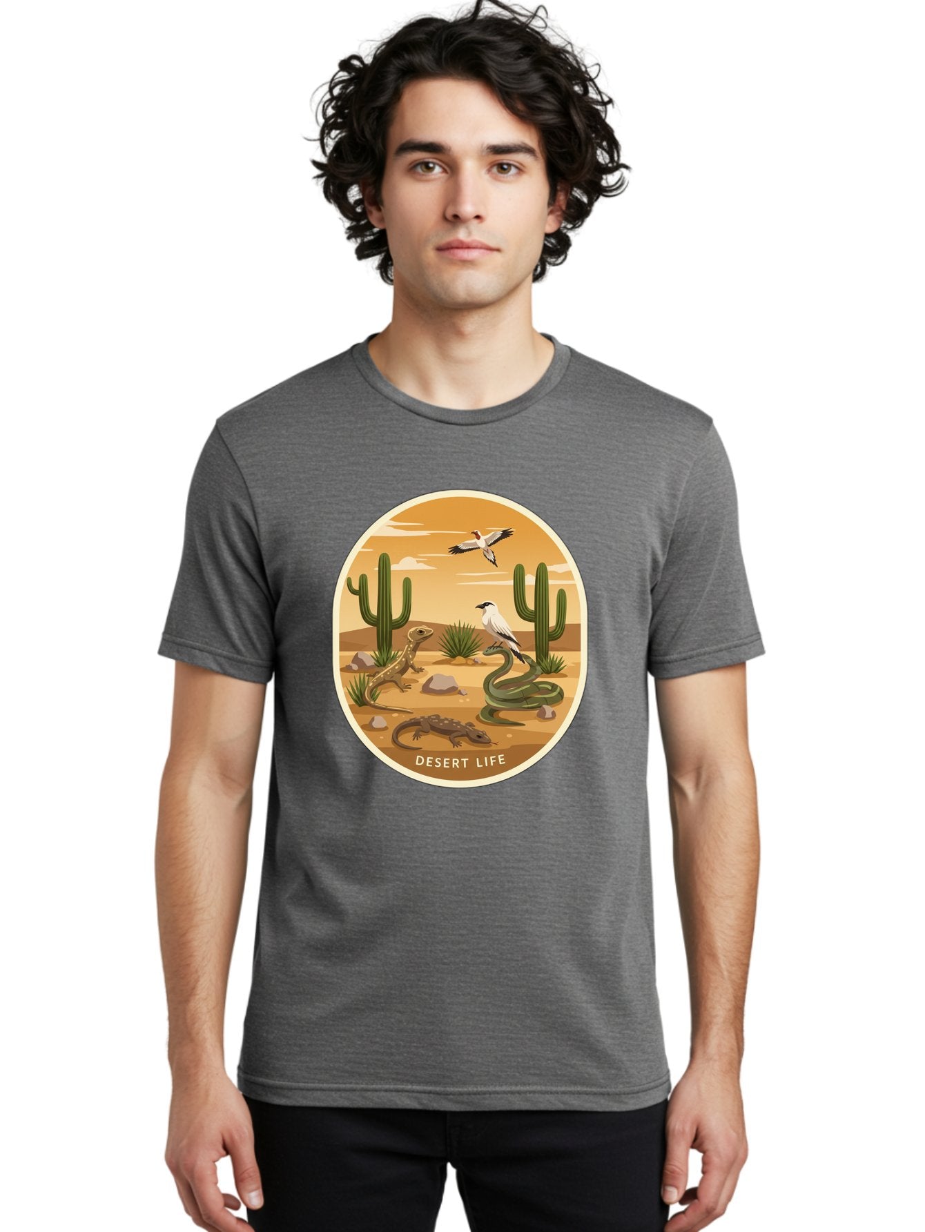 Desert-Life-4 Men'S Graphic Tee, 100% Cotton, Comfortable Casual Summer Wear, Machine Washable, Desert Wildlife, Cacti, Lizards, Snakes, Birds, Desert Scenery, Wildlife Habitat, Arid Landscape, Nature Illustration, Outdoor Wildlife, Bac990 17