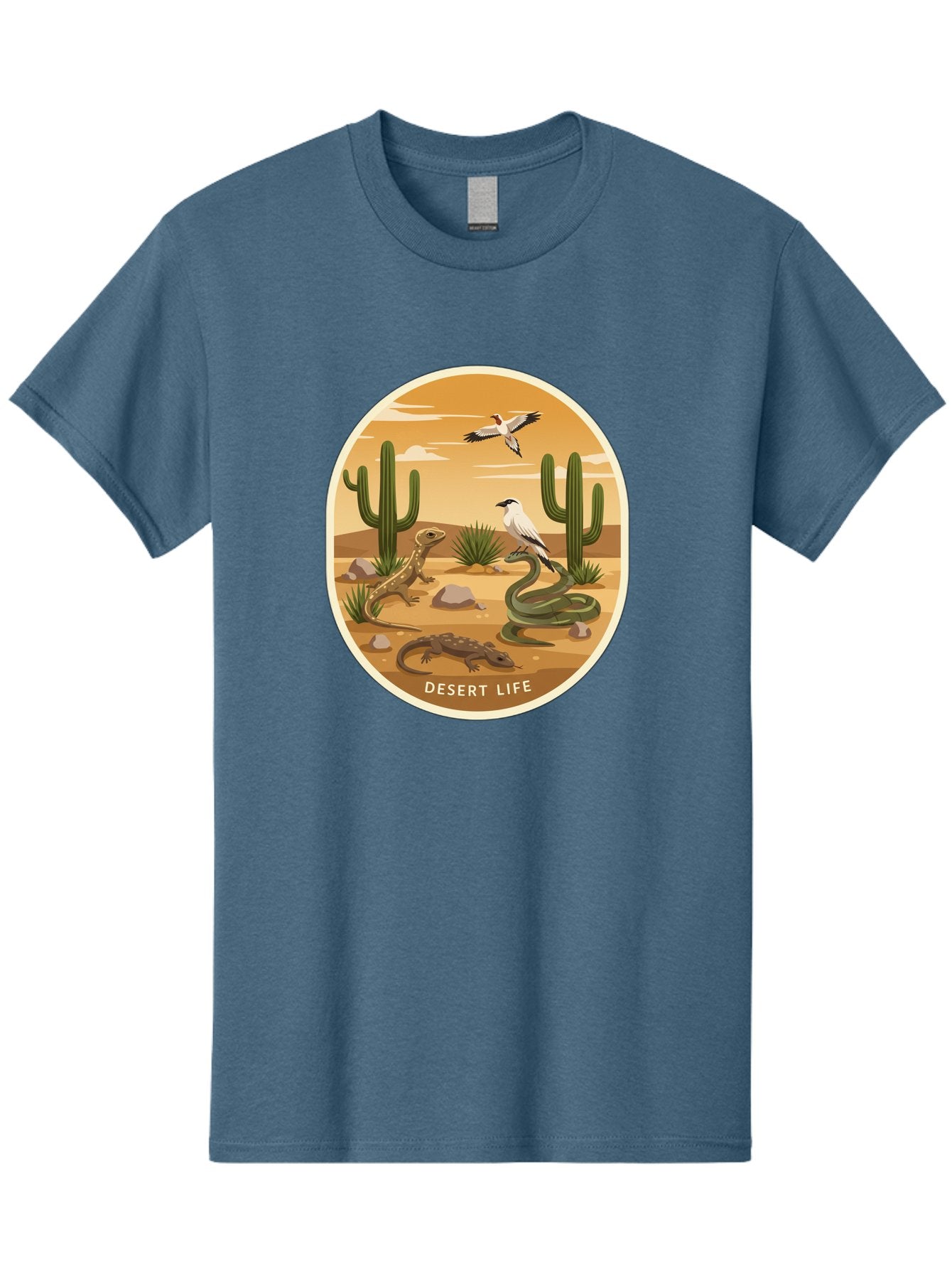 Desert-Life-4 Men'S Graphic Tee, 100% Cotton, Comfortable Casual Summer Wear, Machine Washable, Desert Wildlife, Cacti, Lizards, Snakes, Birds, Desert Scenery, Wildlife Habitat, Arid Landscape, Nature Illustration, Outdoor Wildlife, Bac990