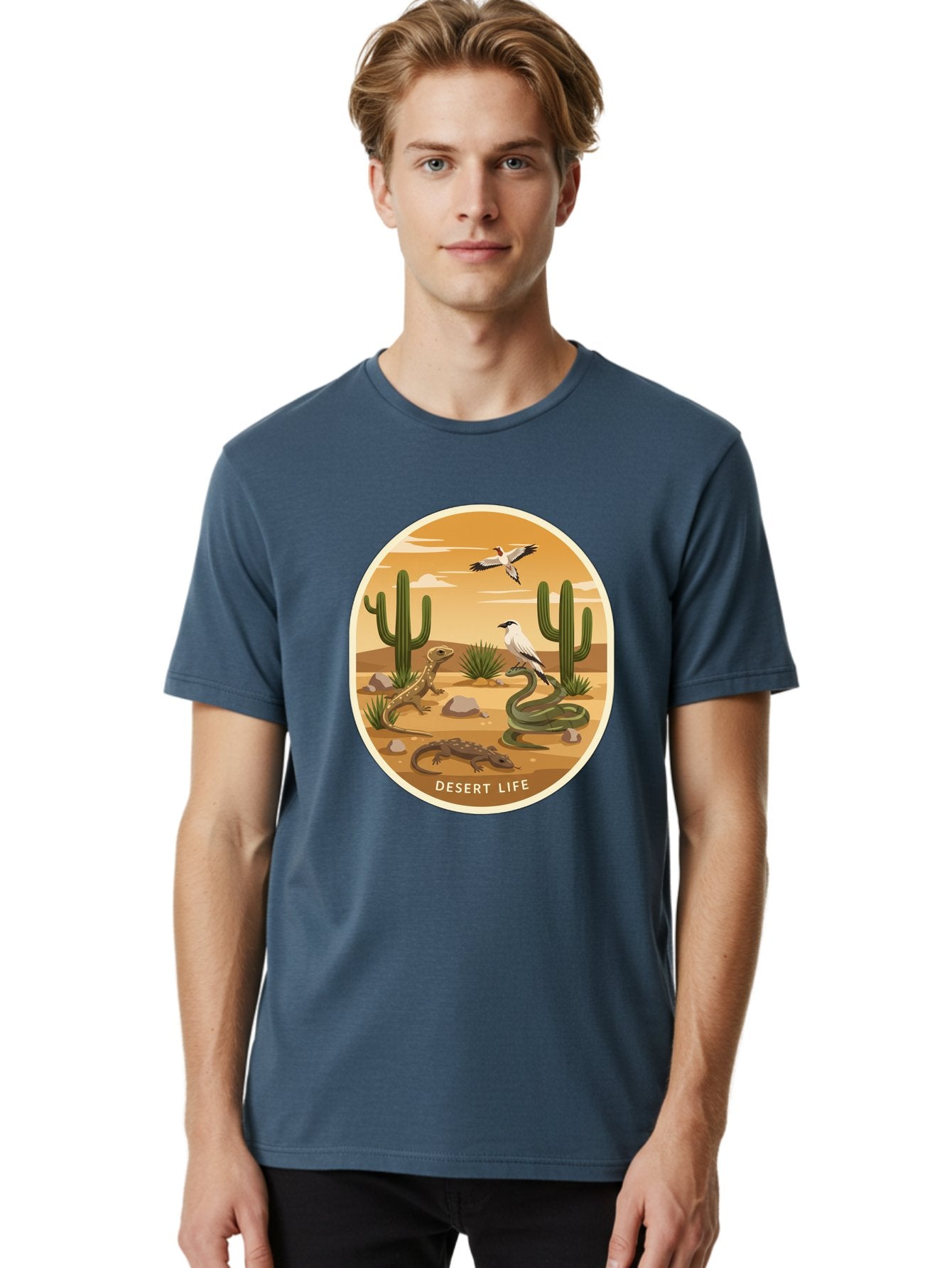 Desert-Life-4 Men'S Graphic Tee, 100% Cotton, Comfortable Casual Summer Wear, Machine Washable, Desert Wildlife, Cacti, Lizards, Snakes, Birds, Desert Scenery, Wildlife Habitat, Arid Landscape, Nature Illustration, Outdoor Wildlife, Bac990 19