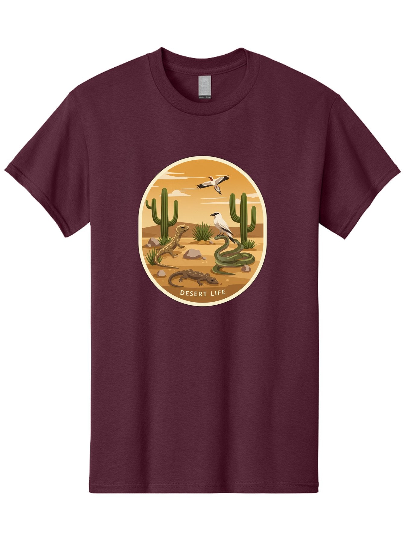 Desert-Life-4 Men'S Graphic Tee, 100% Cotton, Comfortable Casual Summer Wear, Machine Washable, Desert Wildlife, Cacti, Lizards, Snakes, Birds, Desert Scenery, Wildlife Habitat, Arid Landscape, Nature Illustration, Outdoor Wildlife, Bac990 6