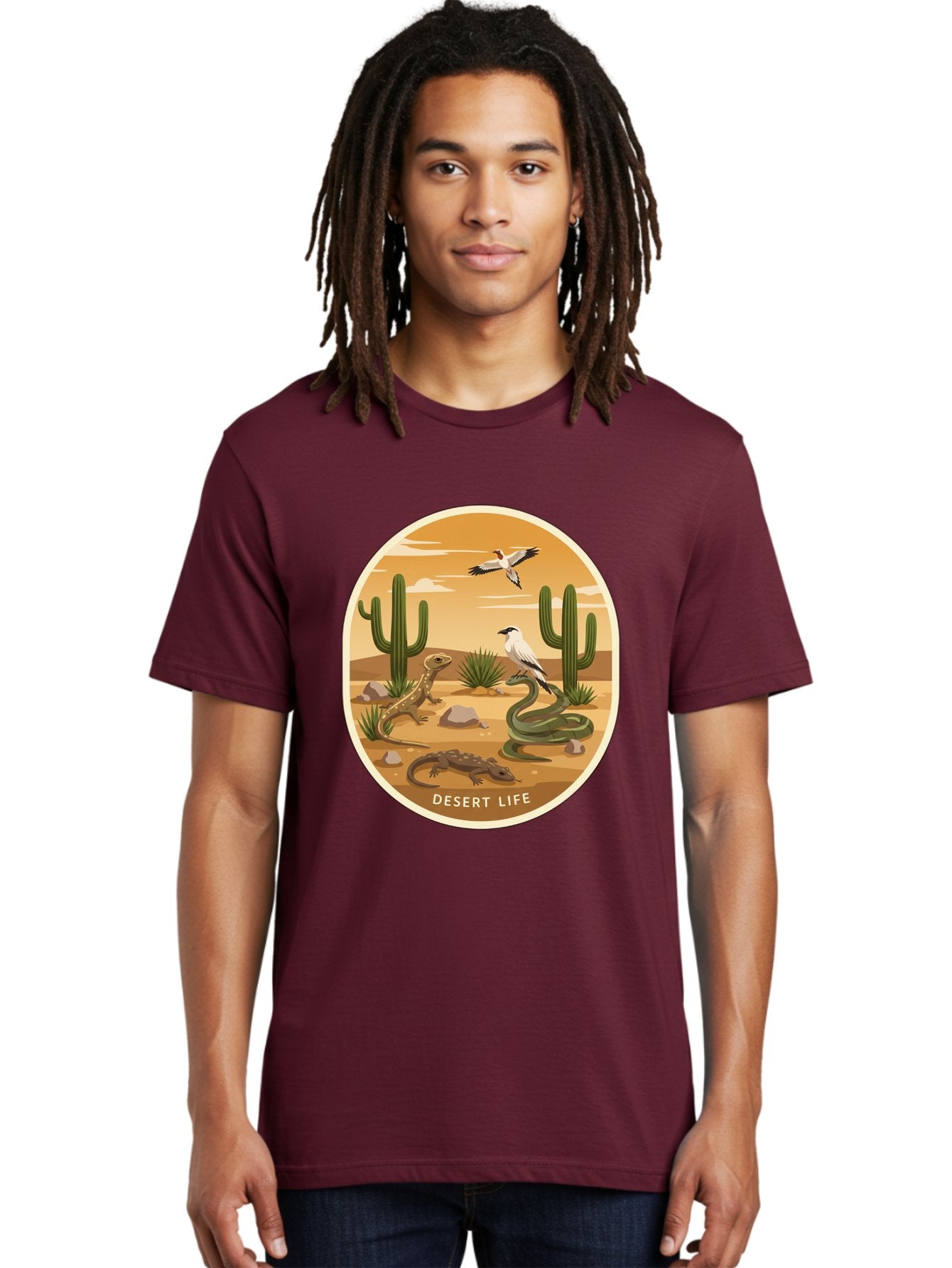 Desert-Life-4 Men'S Graphic Tee, 100% Cotton, Comfortable Casual Summer Wear, Machine Washable, Desert Wildlife, Cacti, Lizards, Snakes, Birds, Desert Scenery, Wildlife Habitat, Arid Landscape, Nature Illustration, Outdoor Wildlife, Bac990 24