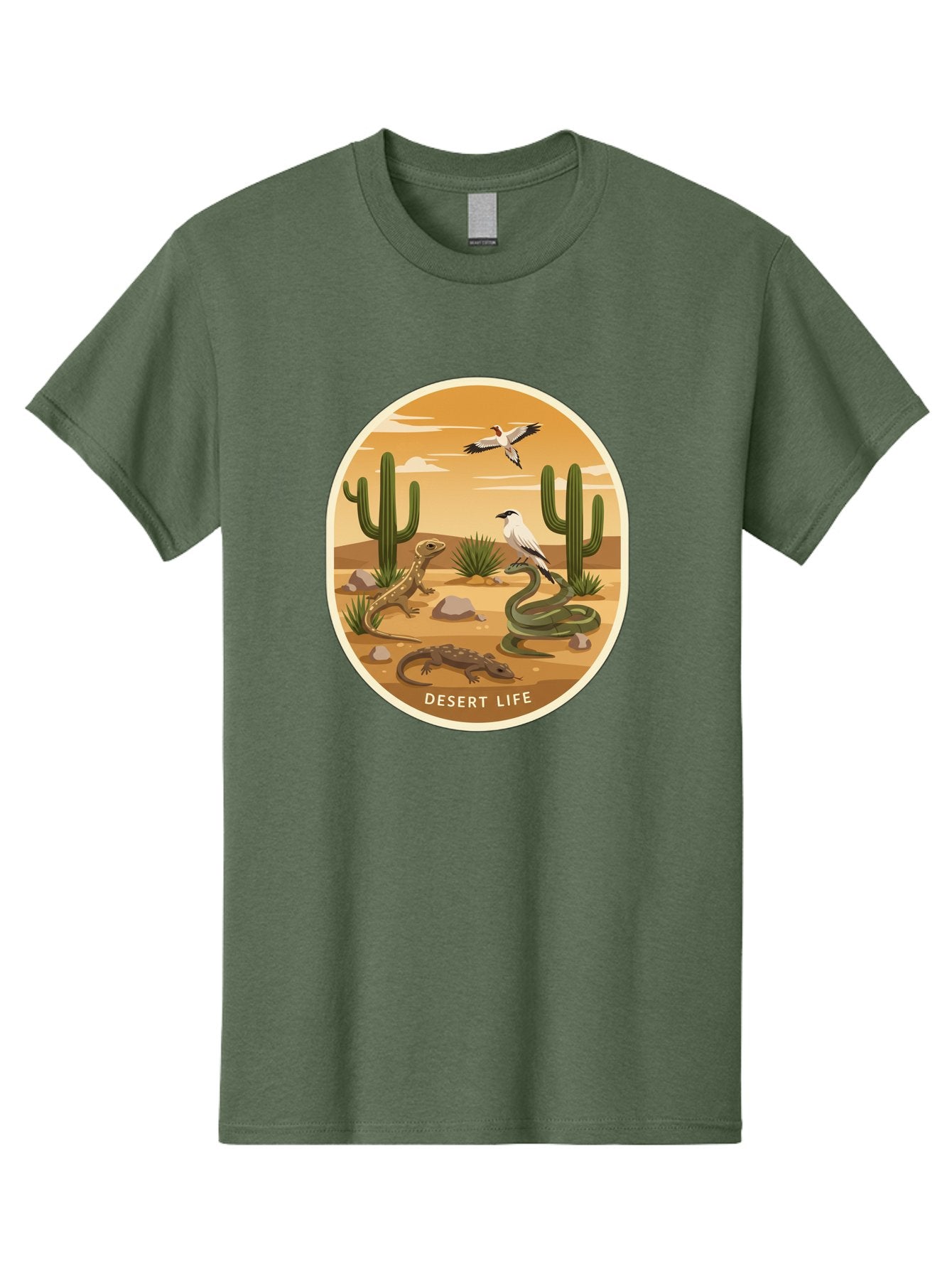 Desert-Life-4 Men'S Graphic Tee, 100% Cotton, Comfortable Casual Summer Wear, Machine Washable, Desert Wildlife, Cacti, Lizards, Snakes, Birds, Desert Scenery, Wildlife Habitat, Arid Landscape, Nature Illustration, Outdoor Wildlife, Bac990 7