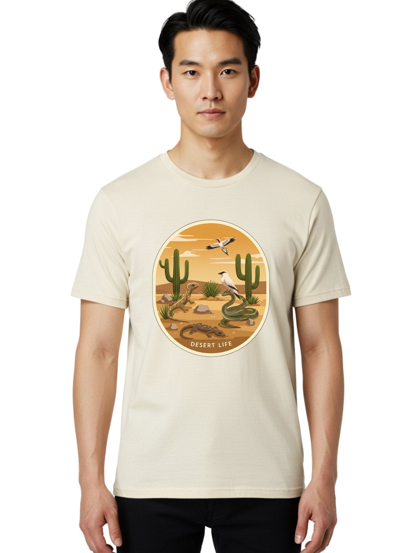 Desert-Life-4 Men'S Graphic Tee, 100% Cotton, Comfortable Casual Summer Wear, Machine Washable, Desert Wildlife, Cacti, Lizards, Snakes, Birds, Desert Scenery, Wildlife Habitat, Arid Landscape, Nature Illustration, Outdoor Wildlife, Bac990 30