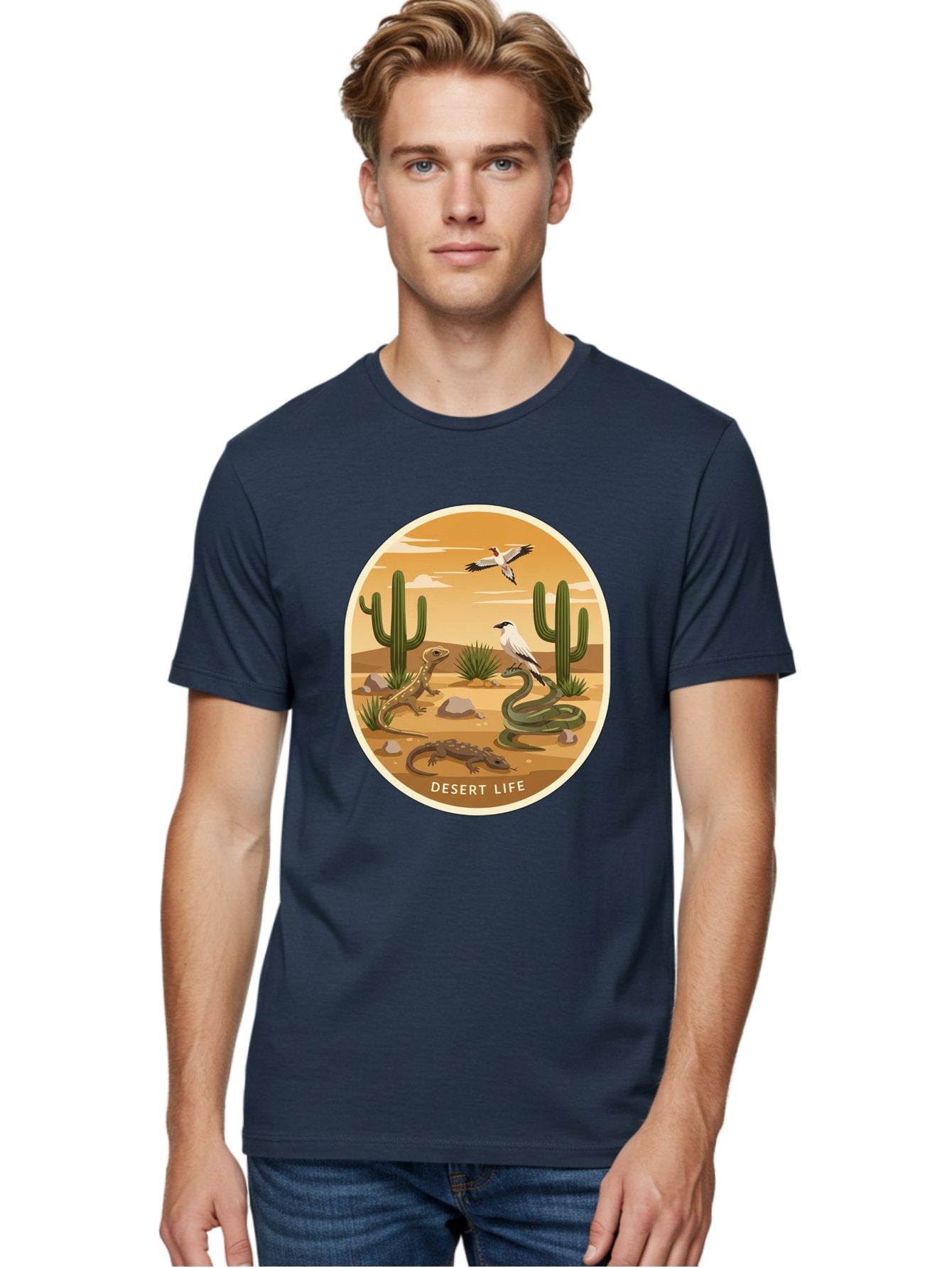 Desert-Life-4 Men'S Graphic Tee, 100% Cotton, Comfortable Casual Summer Wear, Machine Washable, Desert Wildlife, Cacti, Lizards, Snakes, Birds, Desert Scenery, Wildlife Habitat, Arid Landscape, Nature Illustration, Outdoor Wildlife, Bac990 26