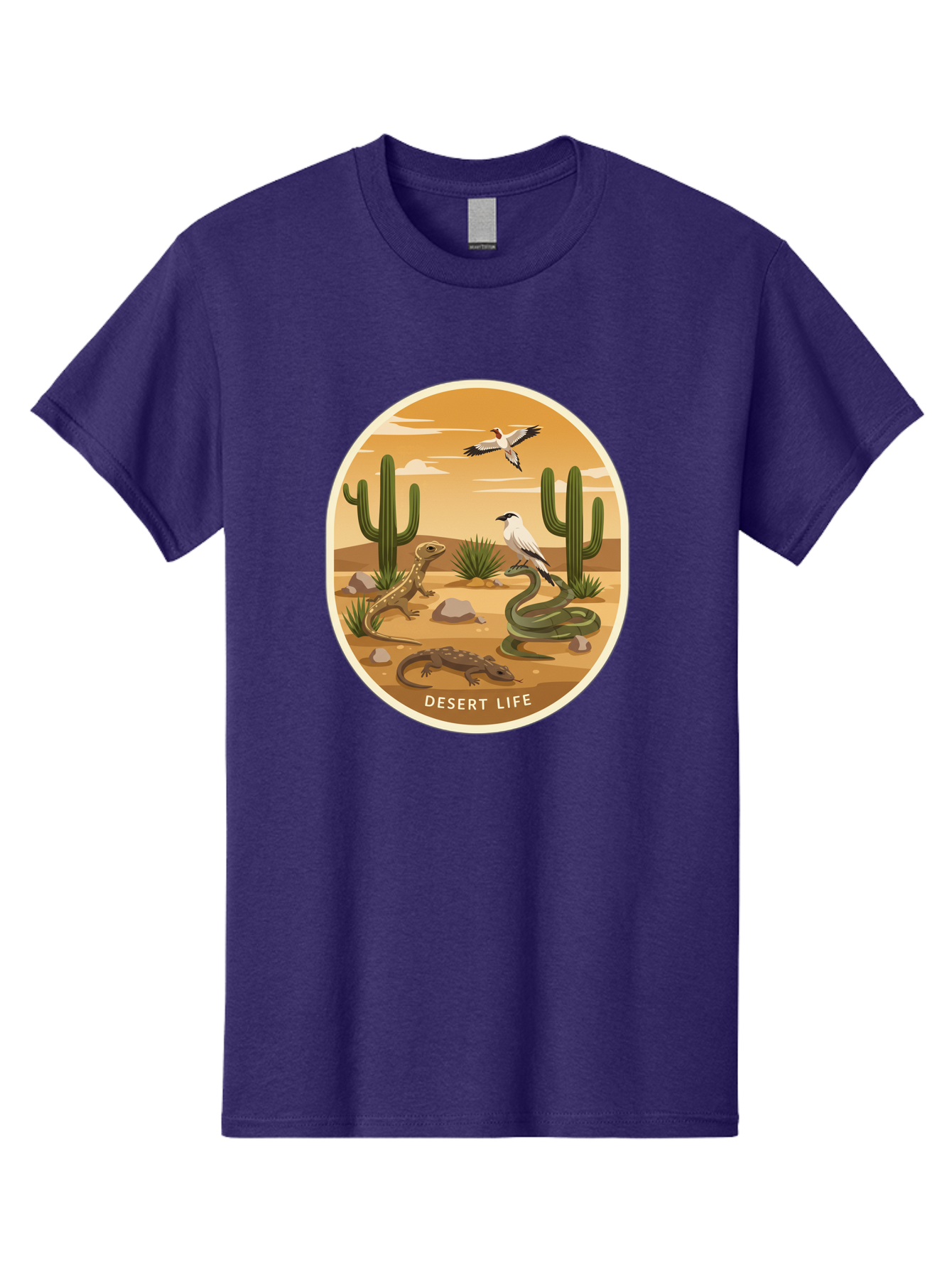 Desert-Life-4 Men'S Graphic Tee, 100% Cotton, Comfortable Casual Summer Wear, Machine Washable, Desert Wildlife, Cacti, Lizards, Snakes, Birds, Desert Scenery, Wildlife Habitat, Arid Landscape, Nature Illustration, Outdoor Wildlife, Bac990