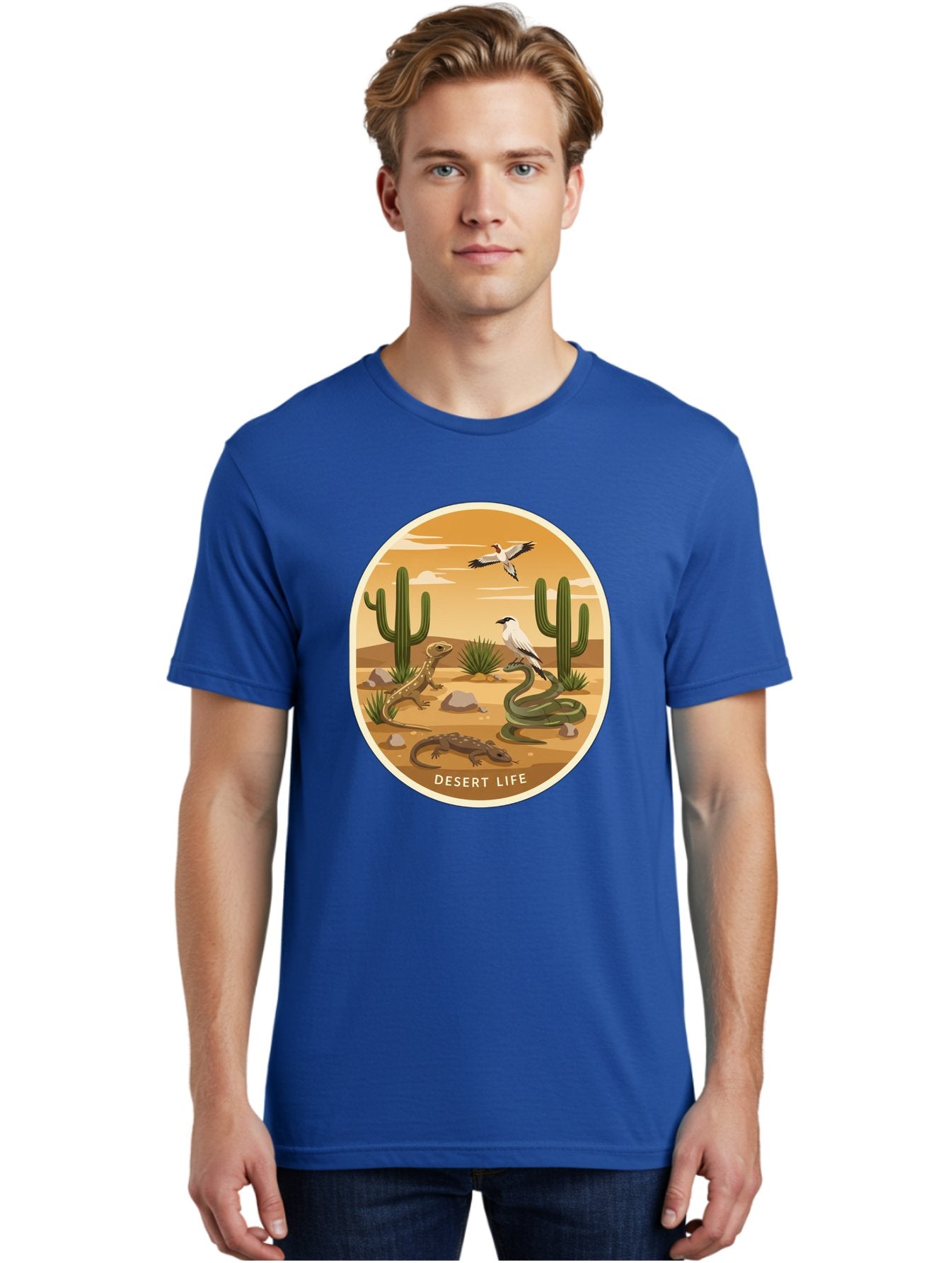 Desert-Life-4 Men'S Graphic Tee, 100% Cotton, Comfortable Casual Summer Wear, Machine Washable, Desert Wildlife, Cacti, Lizards, Snakes, Birds, Desert Scenery, Wildlife Habitat, Arid Landscape, Nature Illustration, Outdoor Wildlife, Bac990 18