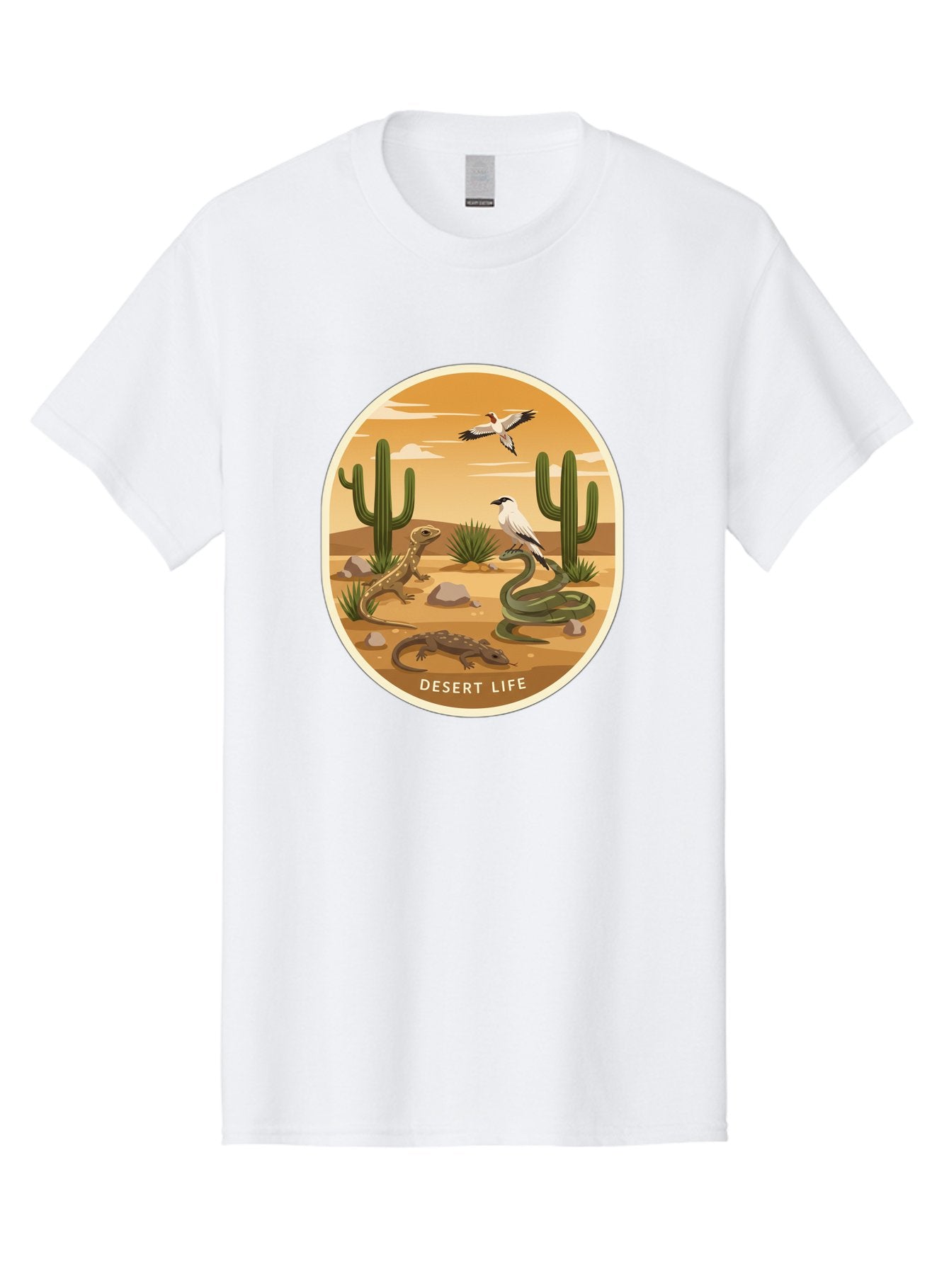Desert-Life-4 Men'S Graphic Tee, 100% Cotton, Comfortable Casual Summer Wear, Machine Washable, Desert Wildlife, Cacti, Lizards, Snakes, Birds, Desert Scenery, Wildlife Habitat, Arid Landscape, Nature Illustration, Outdoor Wildlife, Bac990 3