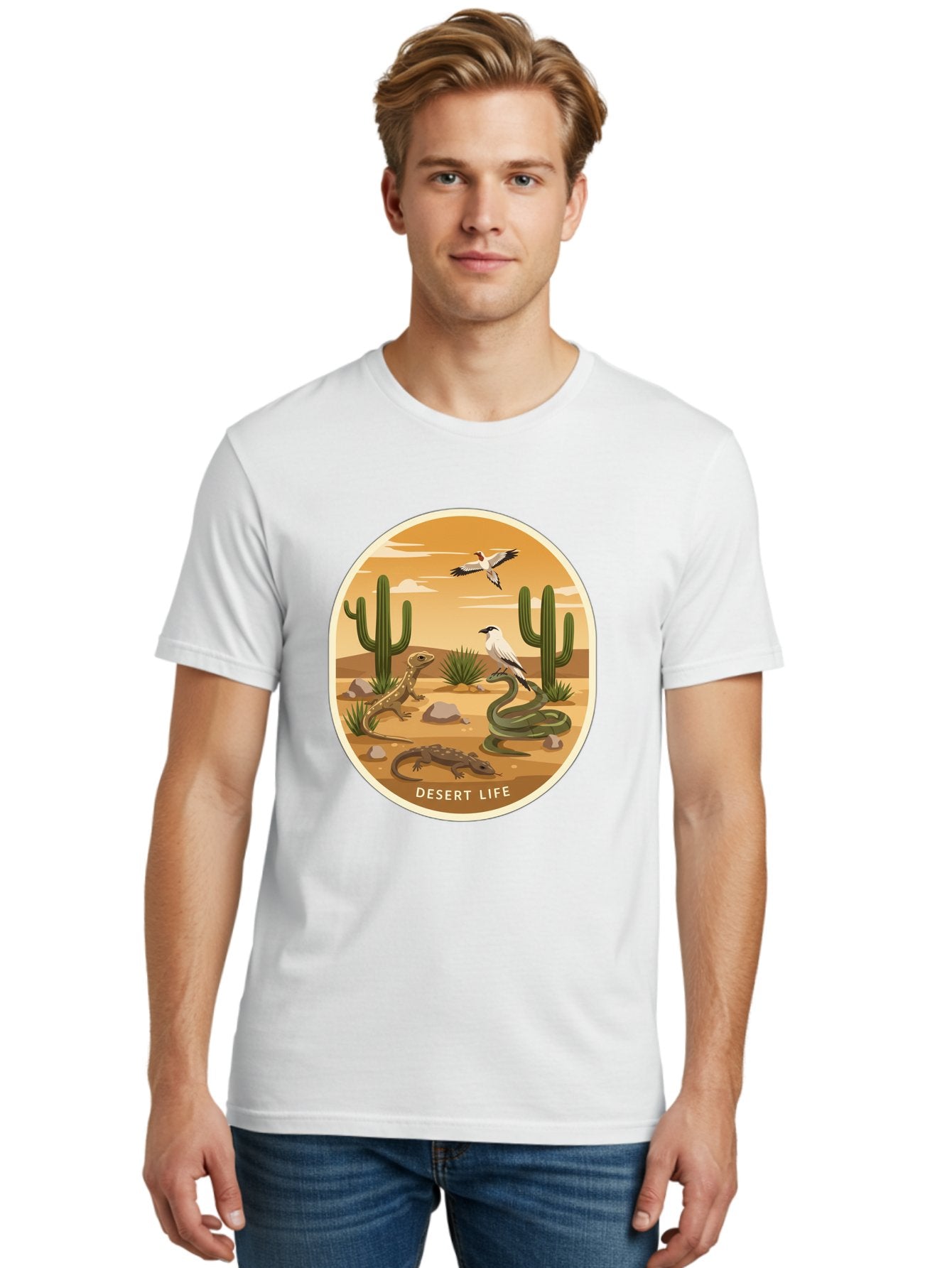Desert-Life-4 Men'S Graphic Tee, 100% Cotton, Comfortable Casual Summer Wear, Machine Washable, Desert Wildlife, Cacti, Lizards, Snakes, Birds, Desert Scenery, Wildlife Habitat, Arid Landscape, Nature Illustration, Outdoor Wildlife, Bac990 22