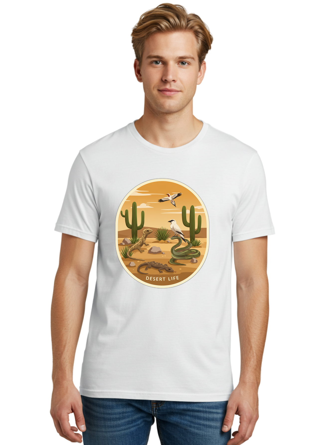 Desert-Life-4 Men'S Graphic Tee, 100% Cotton, Comfortable Casual Summer Wear, Machine Washable, Desert Wildlife, Cacti, Lizards, Snakes, Birds, Desert Scenery, Wildlife Habitat, Arid Landscape, Nature Illustration, Outdoor Wildlife, Bac990 24