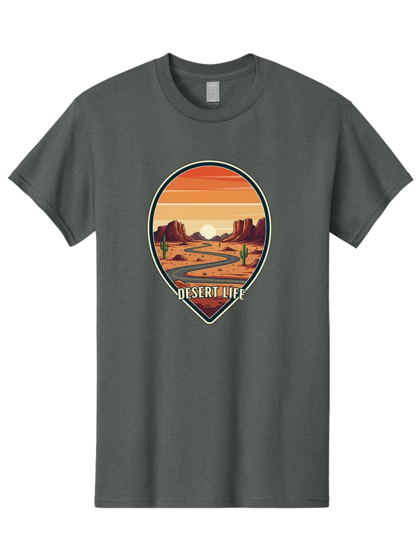 Desert-Life-5 Men'S Graphic Tee, 100% Cotton, Comfortable Casual Summer Wear, Machine Washable, Desert Landscape, Winding Road, Rocky Cliffs, Cacti, Orange Sunset, Desert Scenery, Outdoor Adventure, Travel Inspiration, Serene Atmosphere, Bac991