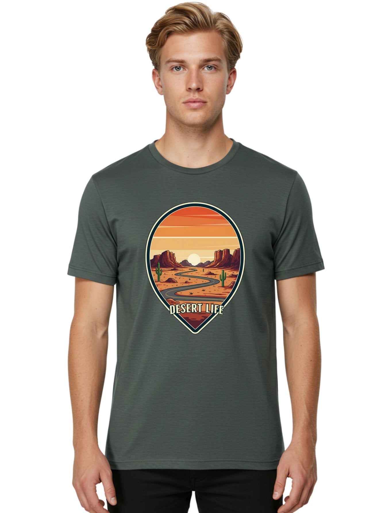 Desert-Life-5 Men'S Graphic Tee, 100% Cotton, Comfortable Casual Summer Wear, Machine Washable, Desert Landscape, Winding Road, Rocky Cliffs, Cacti, Orange Sunset, Desert Scenery, Outdoor Adventure, Travel Inspiration, Serene Atmosphere, Bac991 19