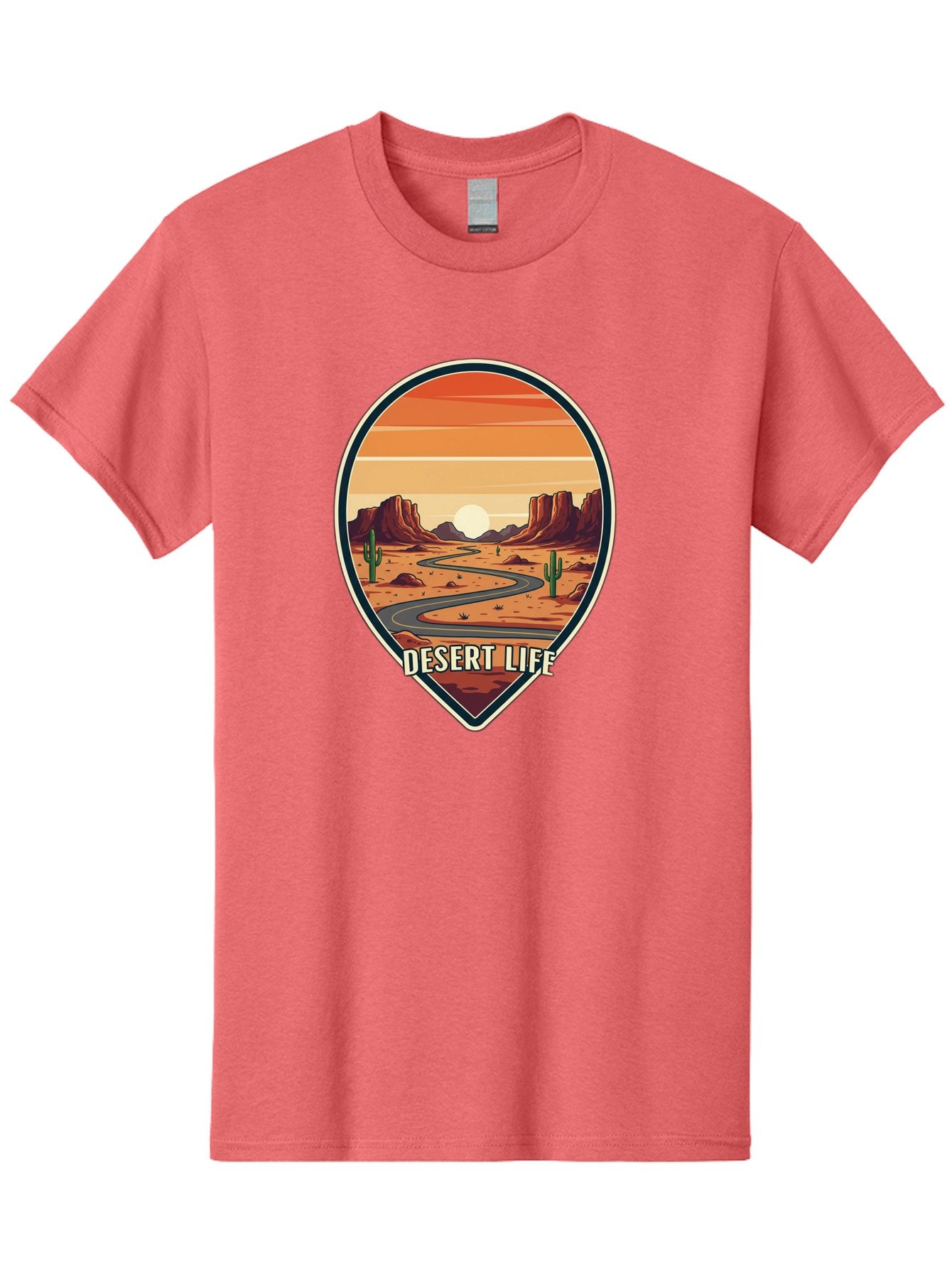 Desert-Life-5 Men'S Graphic Tee, 100% Cotton, Comfortable Casual Summer Wear, Machine Washable, Desert Landscape, Winding Road, Rocky Cliffs, Cacti, Orange Sunset, Desert Scenery, Outdoor Adventure, Travel Inspiration, Serene Atmosphere, Bac991 5
