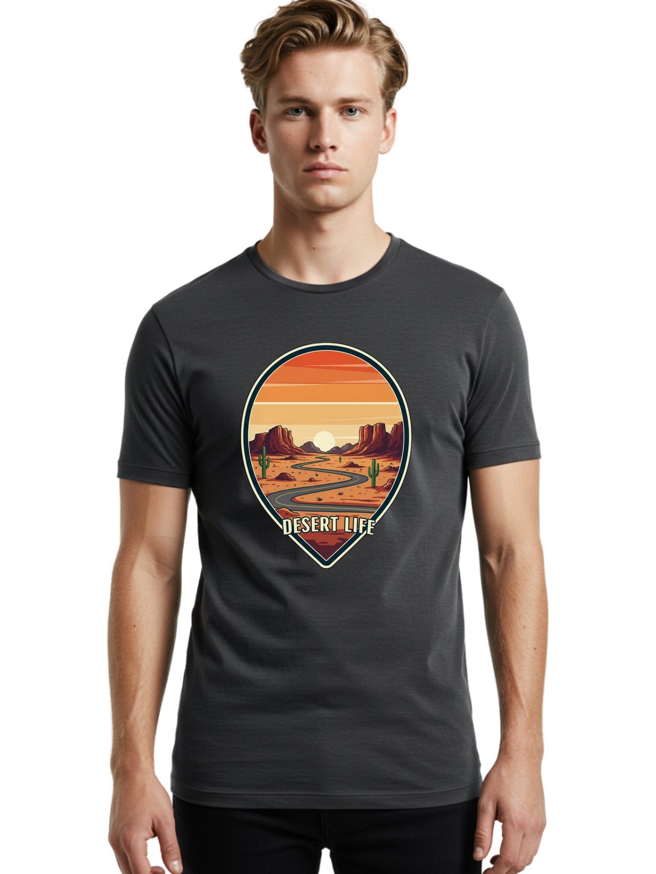 Desert-Life-5 Men'S Graphic Tee, 100% Cotton, Comfortable Casual Summer Wear, Machine Washable, Desert Landscape, Winding Road, Rocky Cliffs, Cacti, Orange Sunset, Desert Scenery, Outdoor Adventure, Travel Inspiration, Serene Atmosphere, Bac991 16