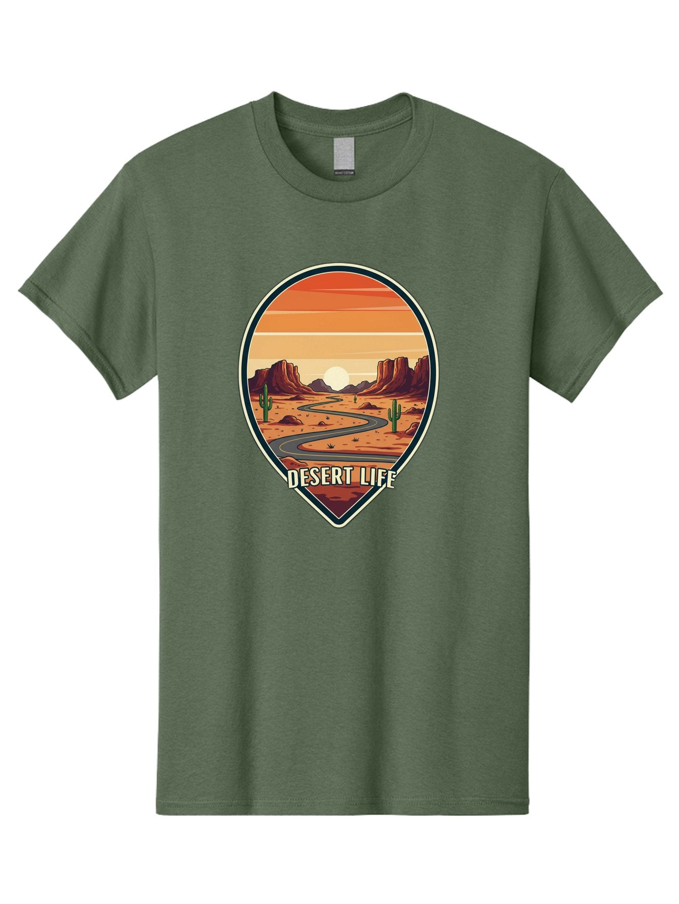 Desert-Life-5 Men'S Graphic Tee, 100% Cotton, Comfortable Casual Summer Wear, Machine Washable, Desert Landscape, Winding Road, Rocky Cliffs, Cacti, Orange Sunset, Desert Scenery, Outdoor Adventure, Travel Inspiration, Serene Atmosphere, Bac991