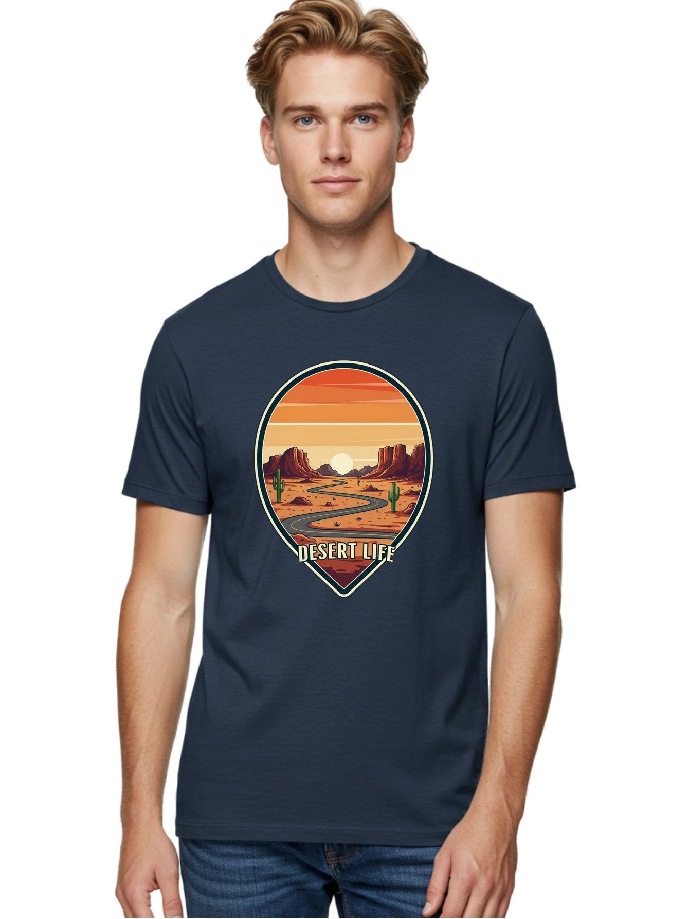 Desert-Life-5 Men'S Graphic Tee, 100% Cotton, Comfortable Casual Summer Wear, Machine Washable, Desert Landscape, Winding Road, Rocky Cliffs, Cacti, Orange Sunset, Desert Scenery, Outdoor Adventure, Travel Inspiration, Serene Atmosphere, Bac991 29