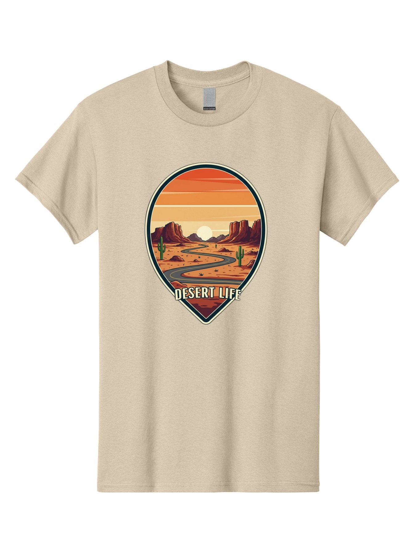 Desert-Life-5 Men'S Graphic Tee, 100% Cotton, Comfortable Casual Summer Wear, Machine Washable, Desert Landscape, Winding Road, Rocky Cliffs, Cacti, Orange Sunset, Desert Scenery, Outdoor Adventure, Travel Inspiration, Serene Atmosphere, Bac991 13
