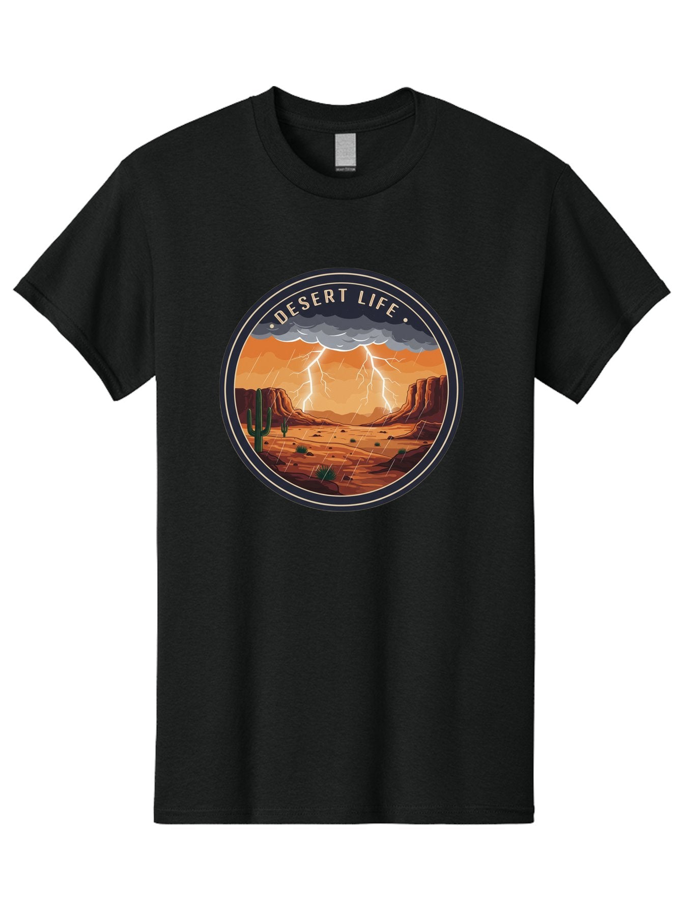 Desert-Life-6 Men'S Graphic Tee, 100% Cotton, Comfortable Casual Summer Wear, Machine Washable, Desert Landscape, Thunderstorm, Desert Storm, Lightning In Desert, Western Scenery, Rocky Terrain, Cactus, Desert Weather, Outdoor Adventure Bac992 3
